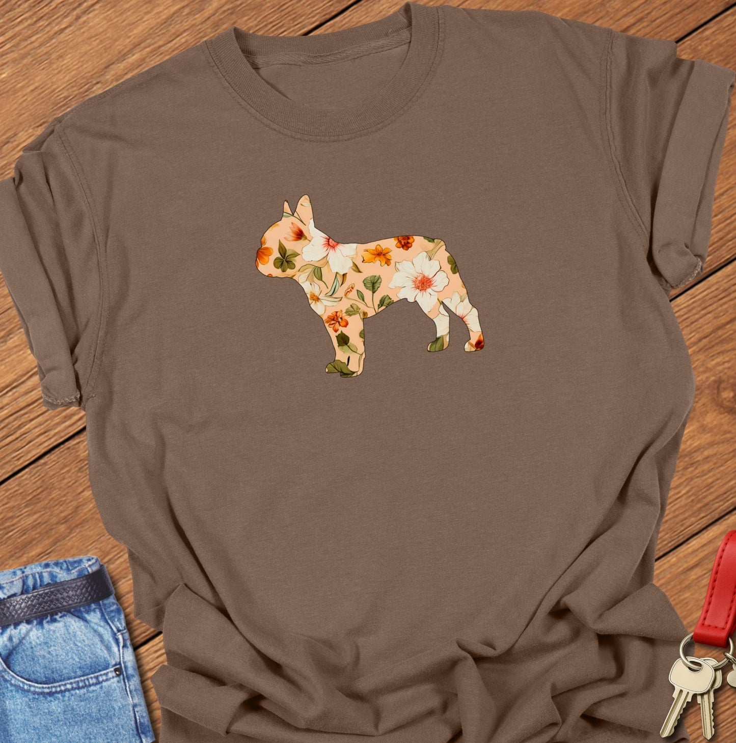 French bulldog floral silhouette illustration printed on espresso Comfort Colors t shirt