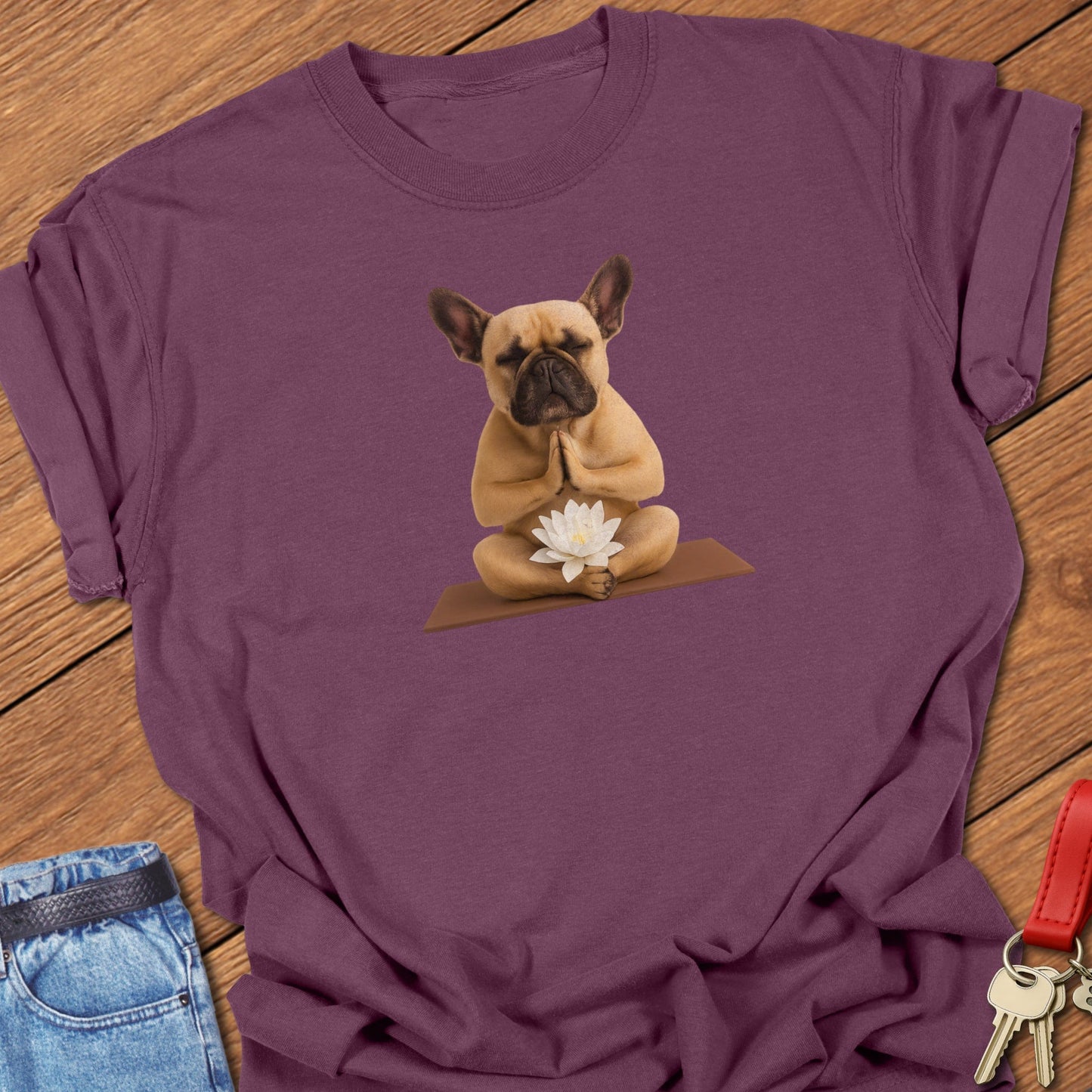 French bulldog yoga illustration printed on berry Comfort Colors t shirt