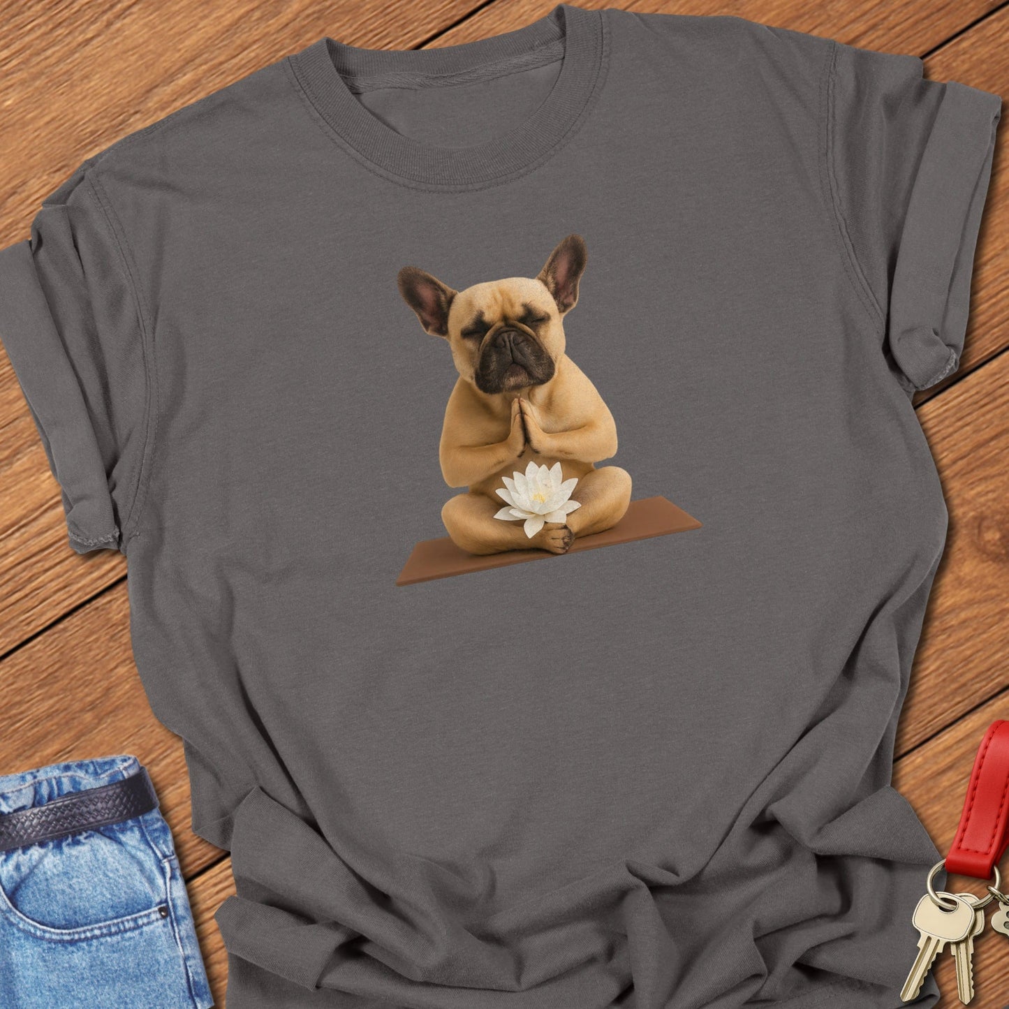 French bulldog yoga illustration printed on pepper Comfort Colors t shirt