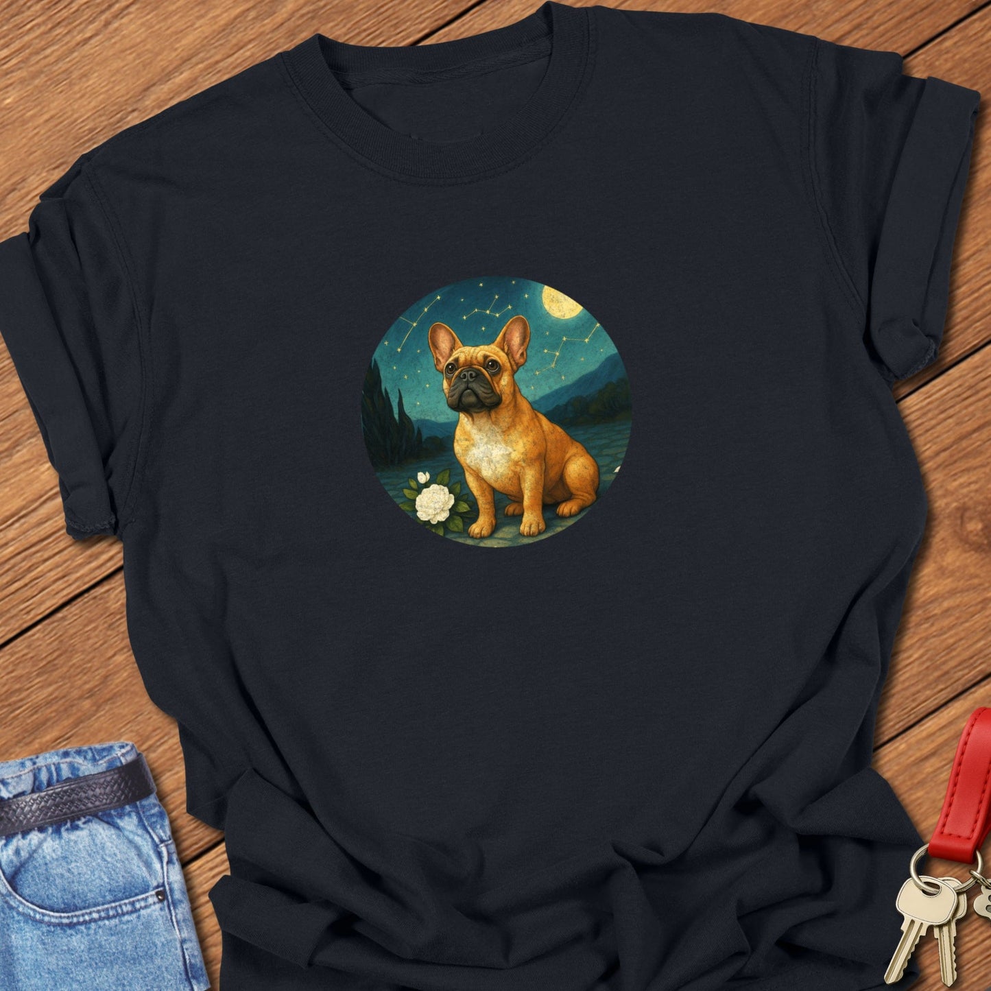 French bulldog celestial illustration printed on black Comfort Colors t shirt