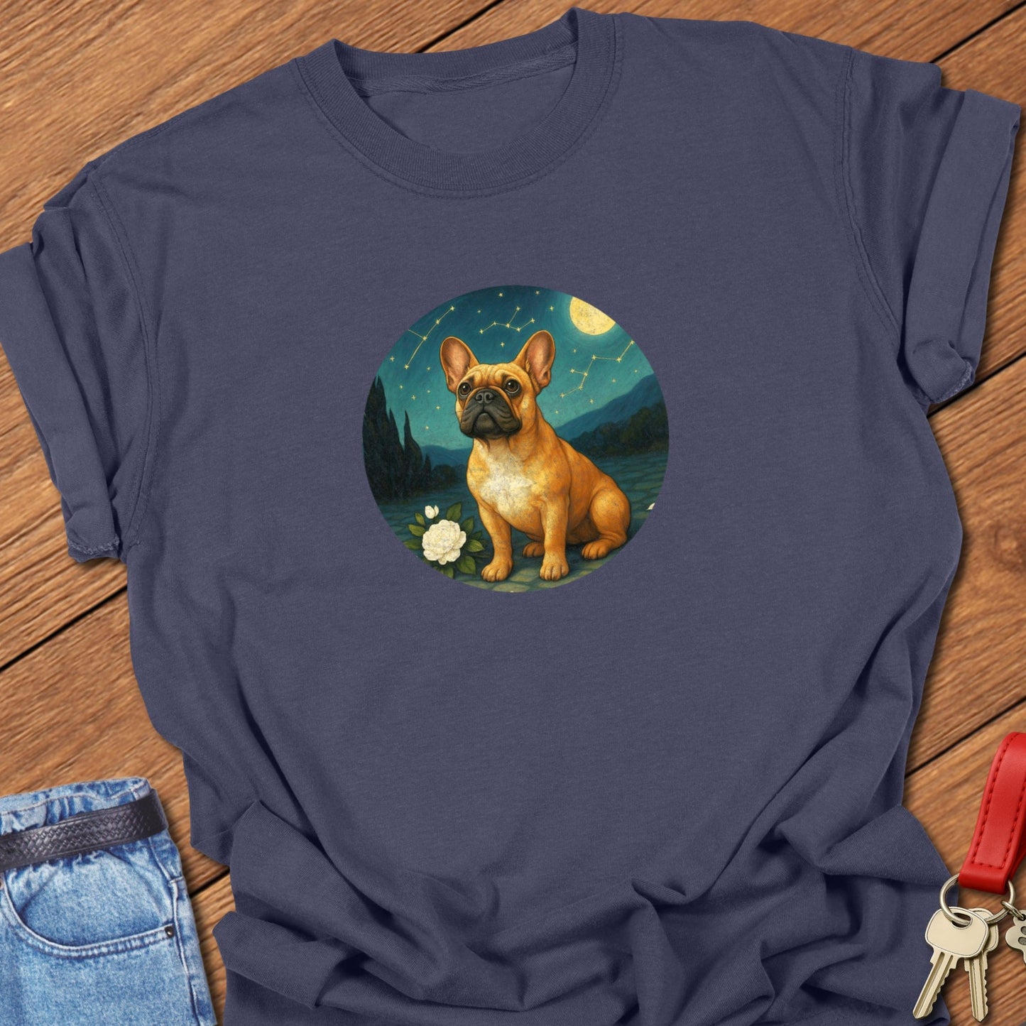 French bulldog celestial illustration printed on navy Comfort Colors t shirt
