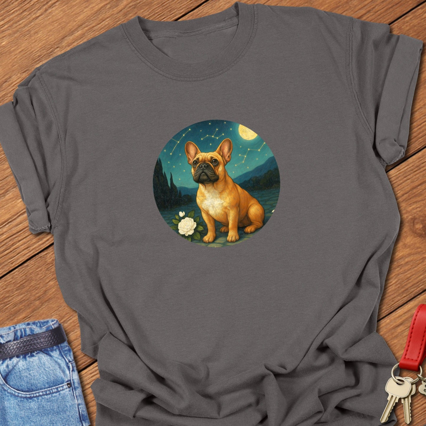 French bulldog celestial illustration printed on moss Comfort Colors t shirt