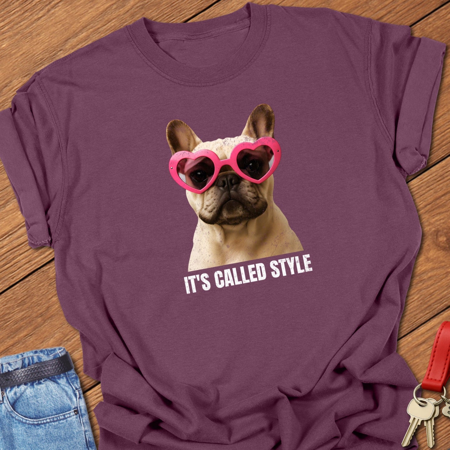 French bulldog stylish illustration with heart-shaped sunglasses and It’s called style typography printed on berry Comfort Colors t shirt