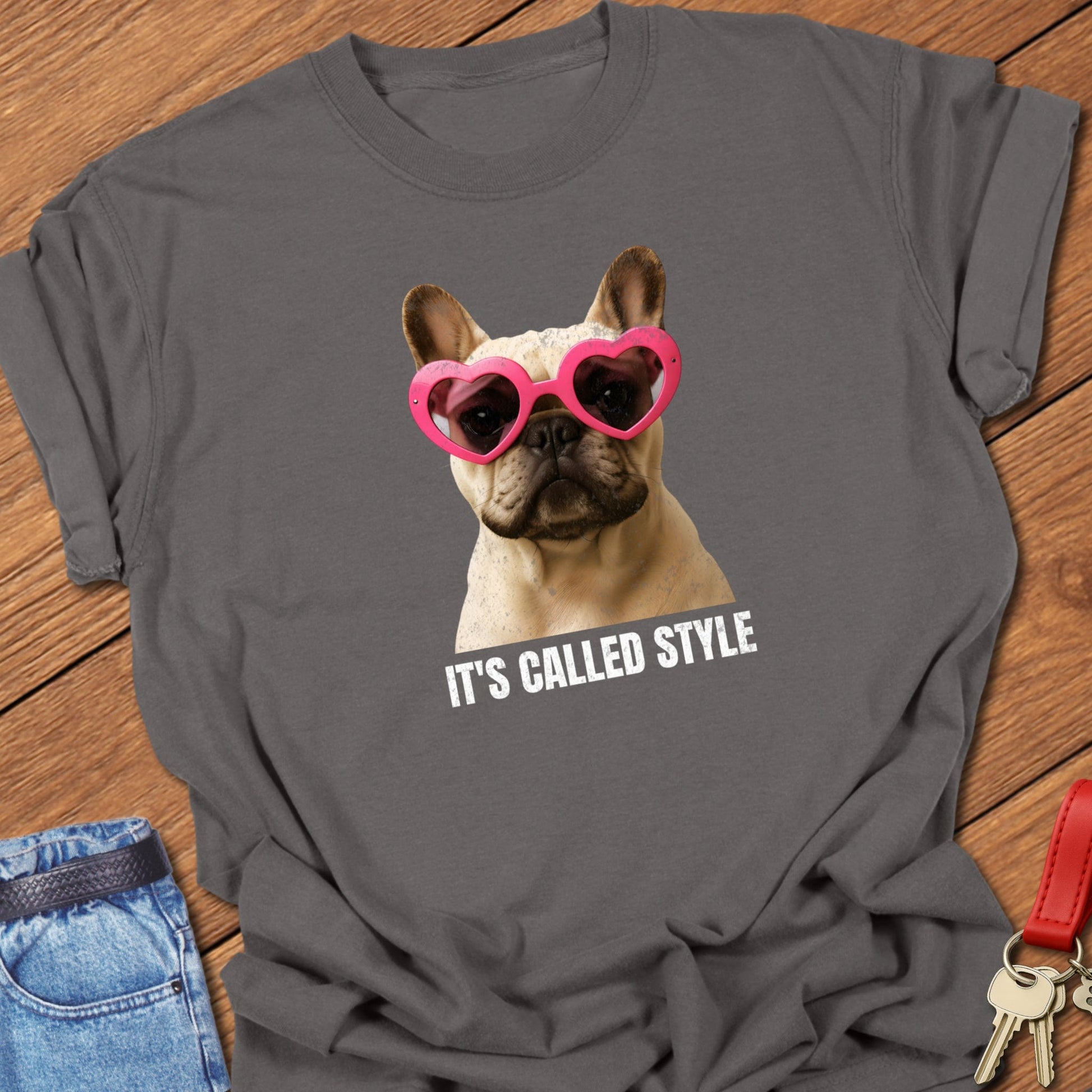 French bulldog stylish illustration with heart-shaped sunglasses and It’s called style typography printed on pepper Comfort Colors t shirt
