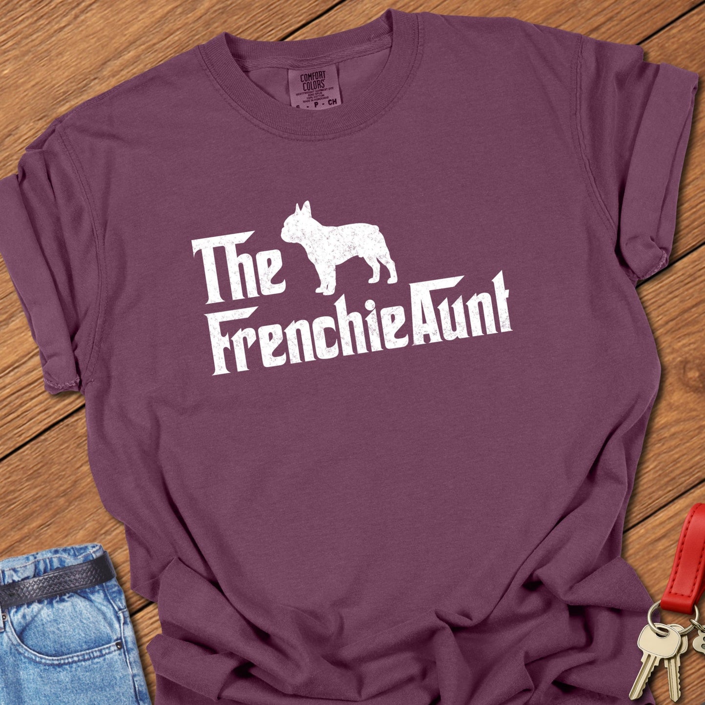 French bulldog aunt typography printed on berry Comfort Colors t shirt