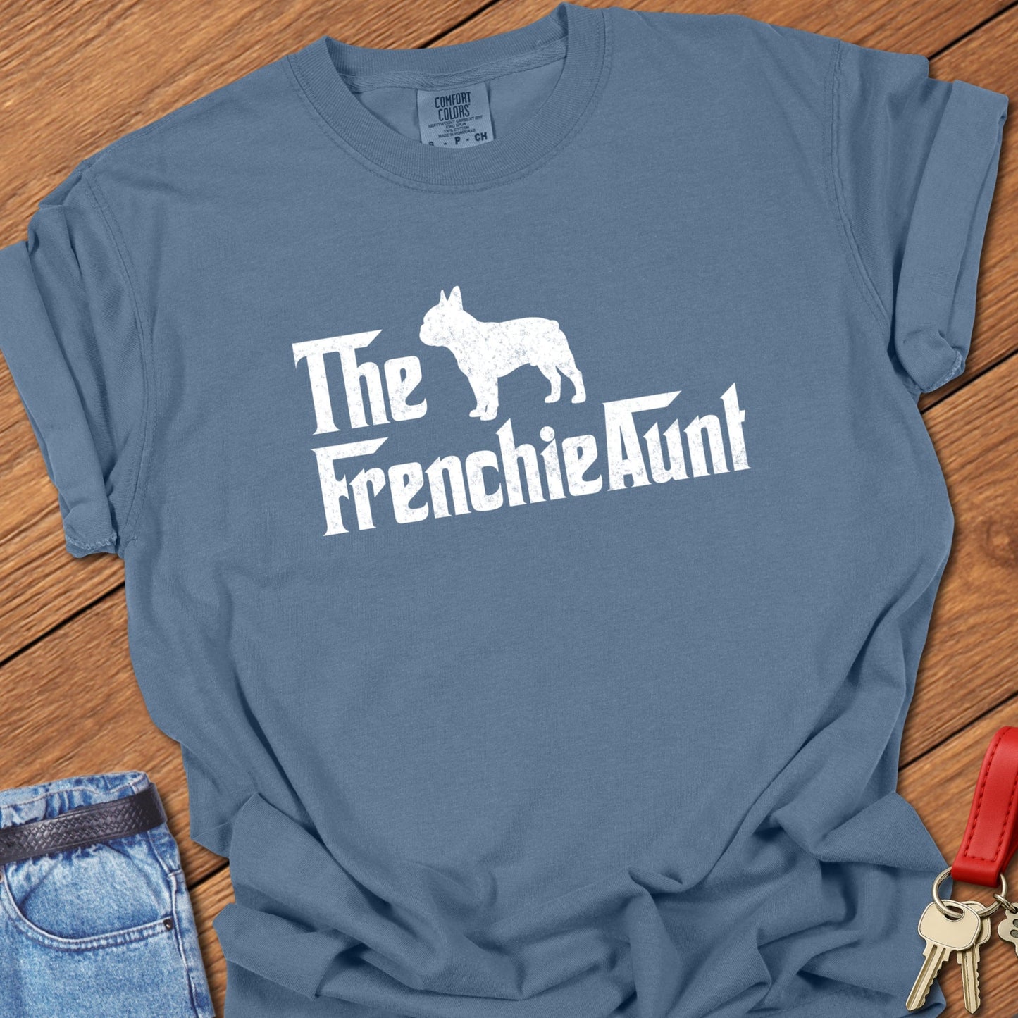 French bulldog aunt typography printed on blue jean Comfort Colors t shirt