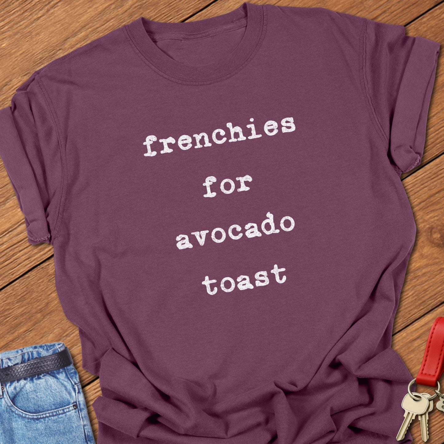 French bulldog playful food quote typography with distressed stacked lettering printed on berry Comfort Colors t shirt