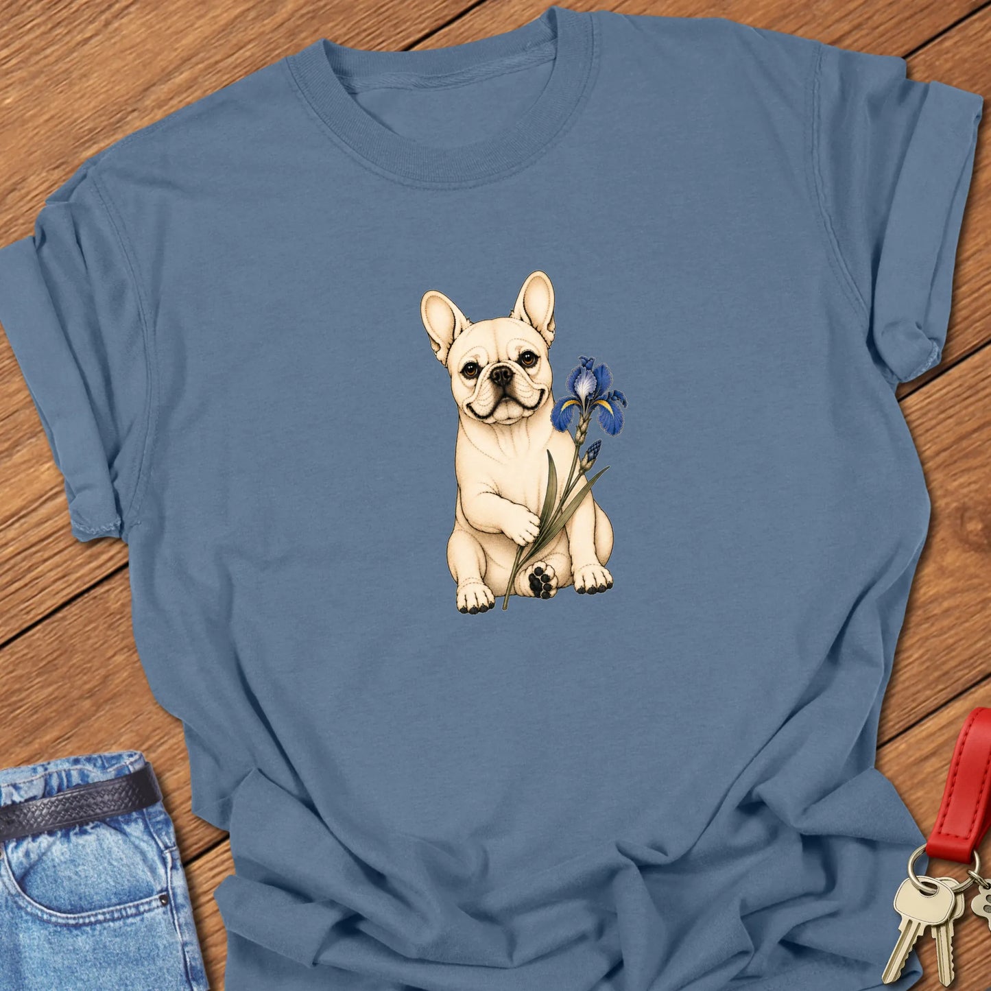 Frenchie Blue Iris Art cream French Bulldog holding blue iris flower printed on Comfort Colors® t-shirt in Blue Jean Color