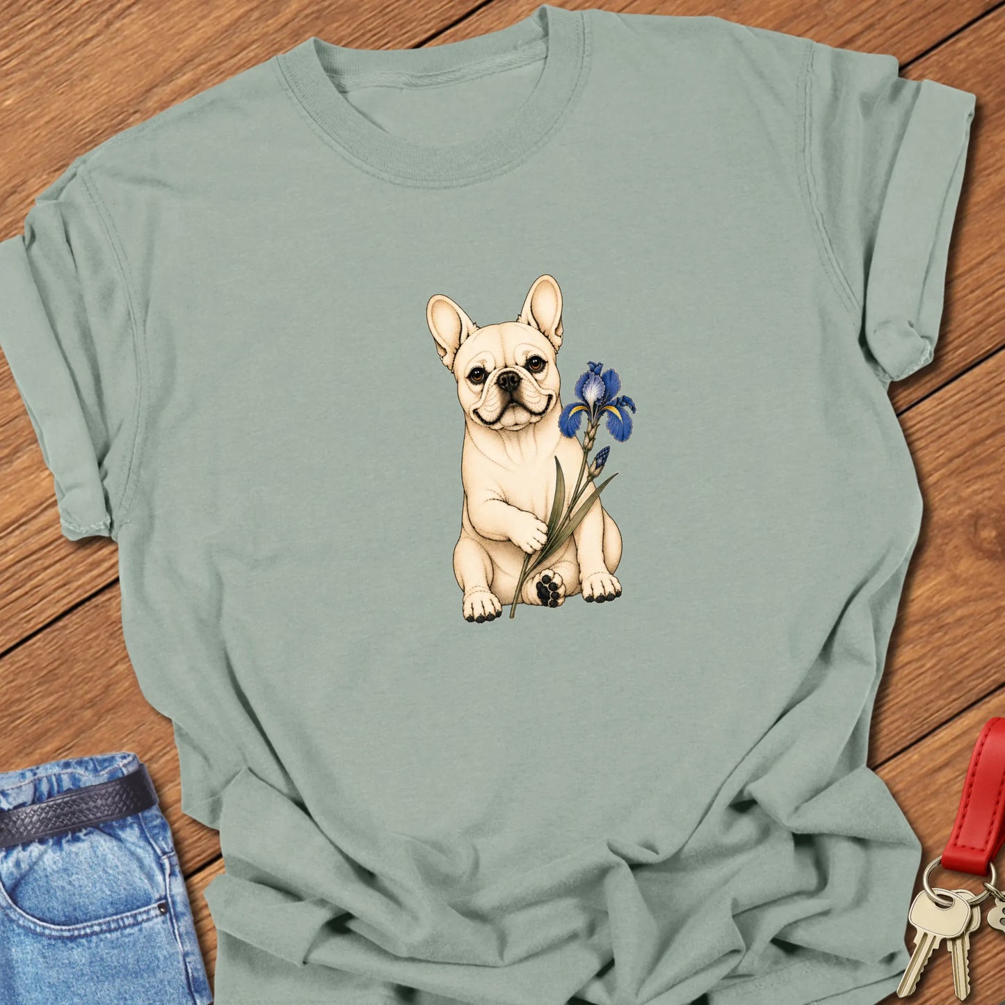 Frenchie Blue Iris Art cream French Bulldog holding blue iris flower printed on Comfort Colors® t-shirt in Bay Color