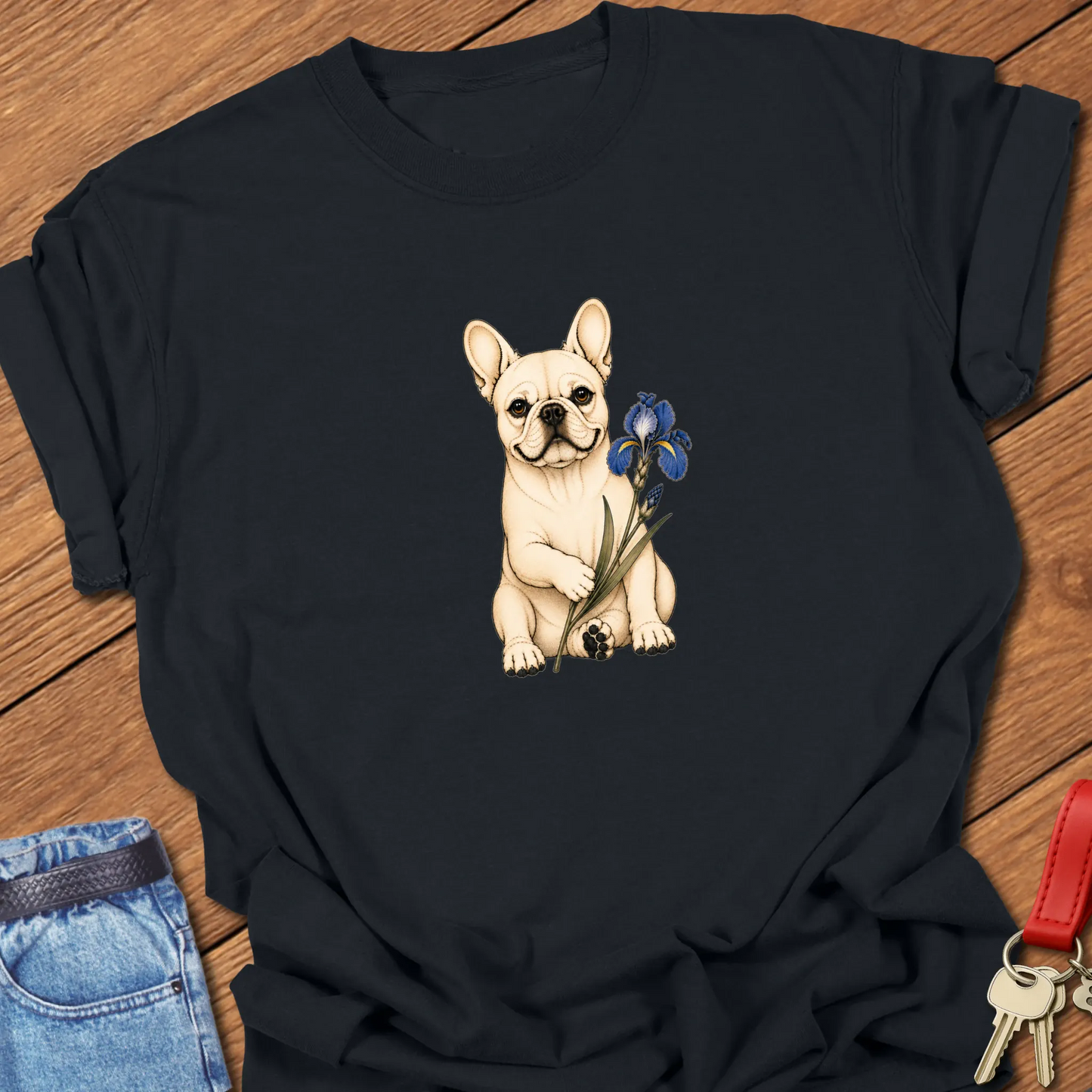 Frenchie Blue Iris Art cream French Bulldog holding blue iris flower printed on Comfort Colors® t-shirt in Black Color