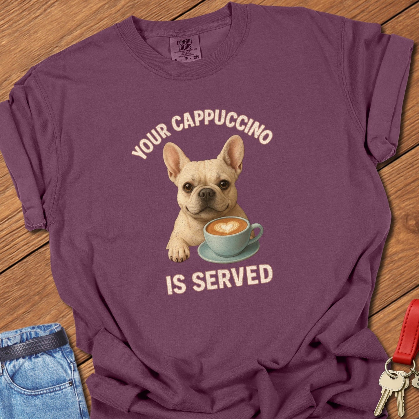 French bulldog coffee illustration with cappuccino cup and playful café quote printed on berry Comfort Colors t shirt