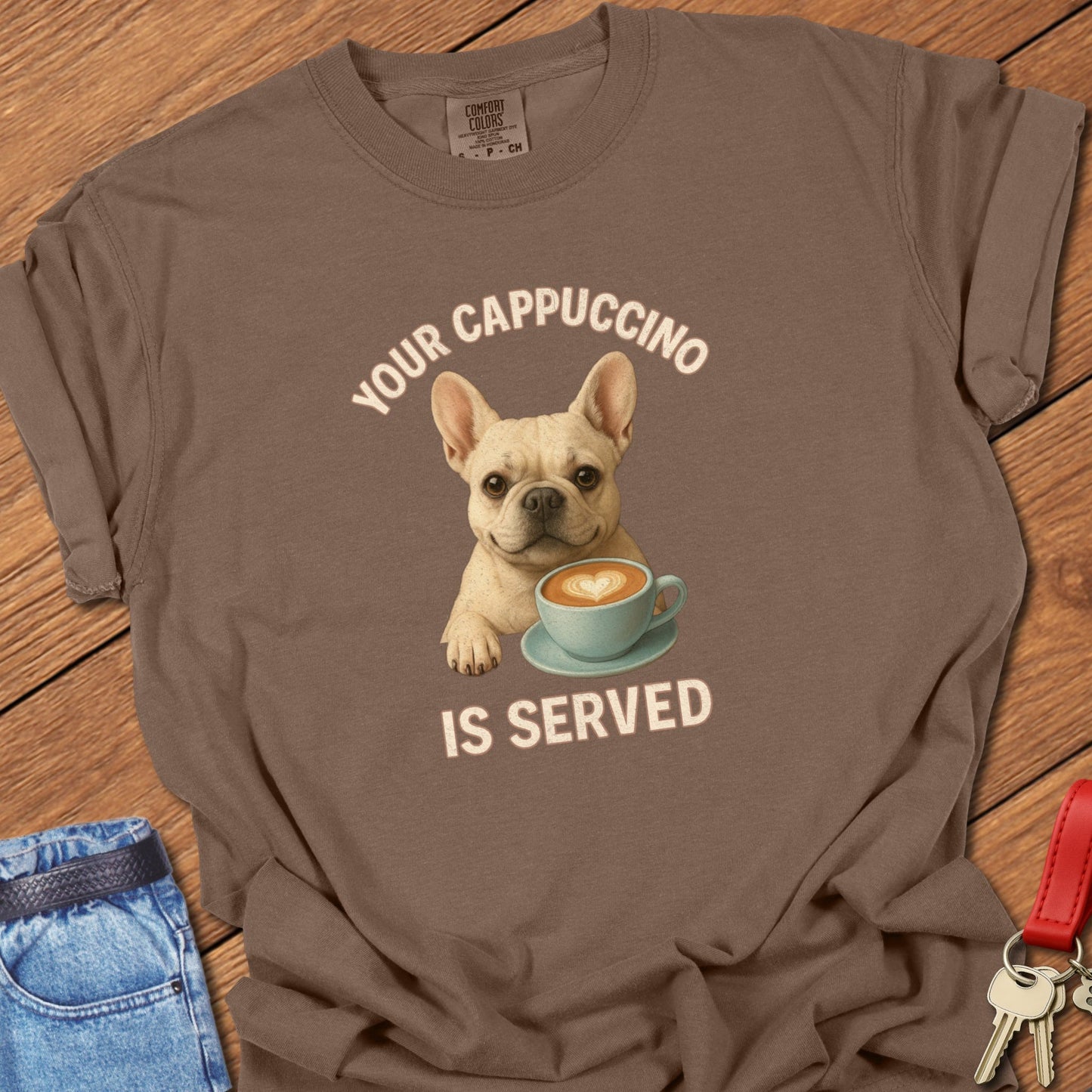 French bulldog coffee illustration with cappuccino cup and playful café quote printed on espresso Comfort Colors t shirt