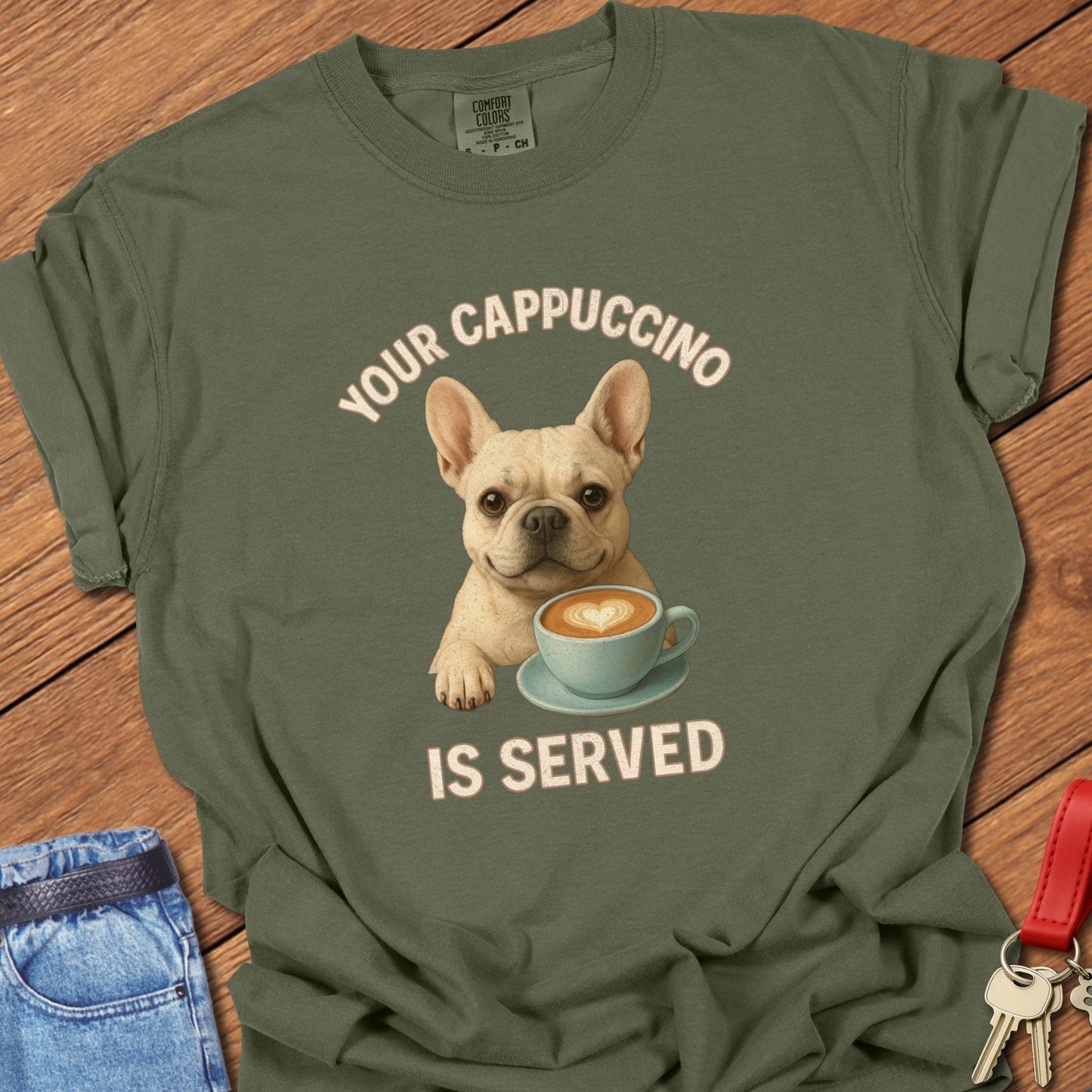 French bulldog coffee illustration with cappuccino cup and playful café quote printed on hemp Comfort Colors t shirt