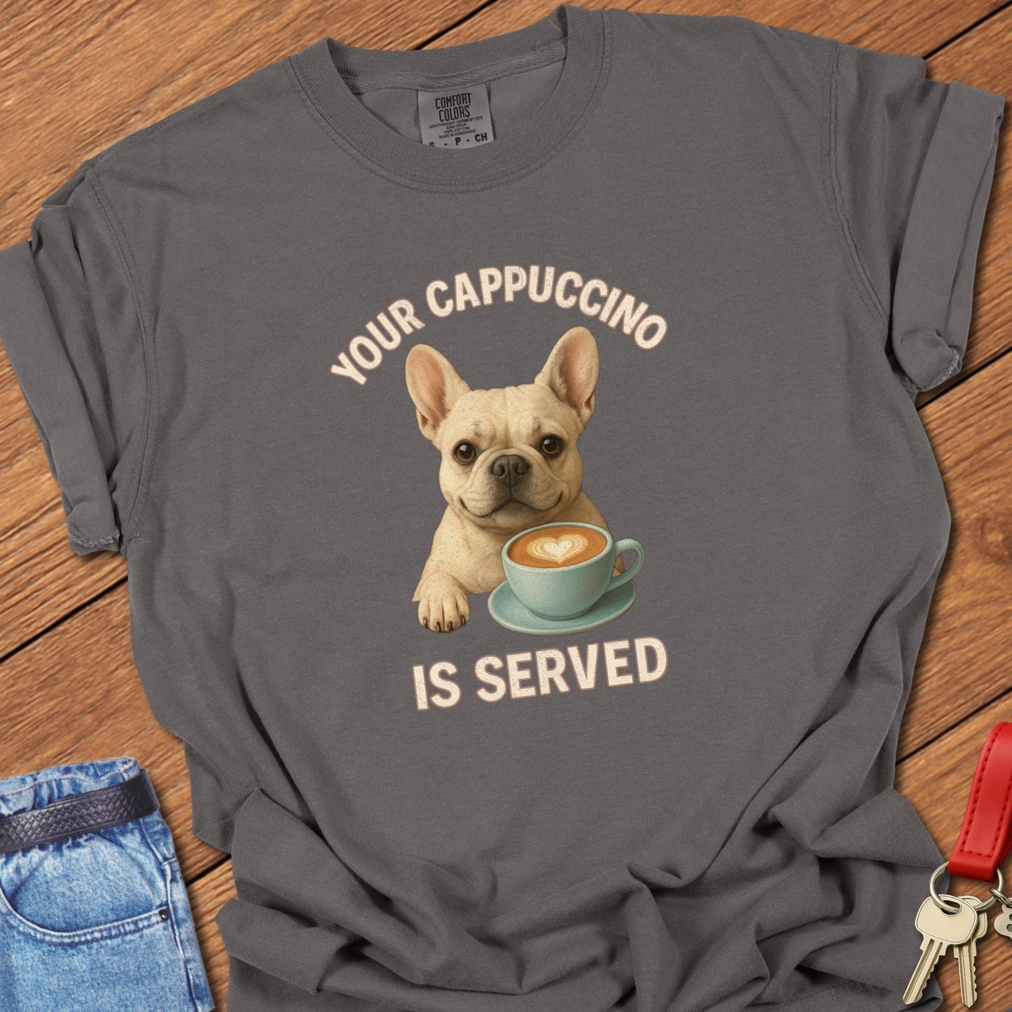 French bulldog coffee illustration with cappuccino cup and playful café quote printed on pepper Comfort Colors t shirt