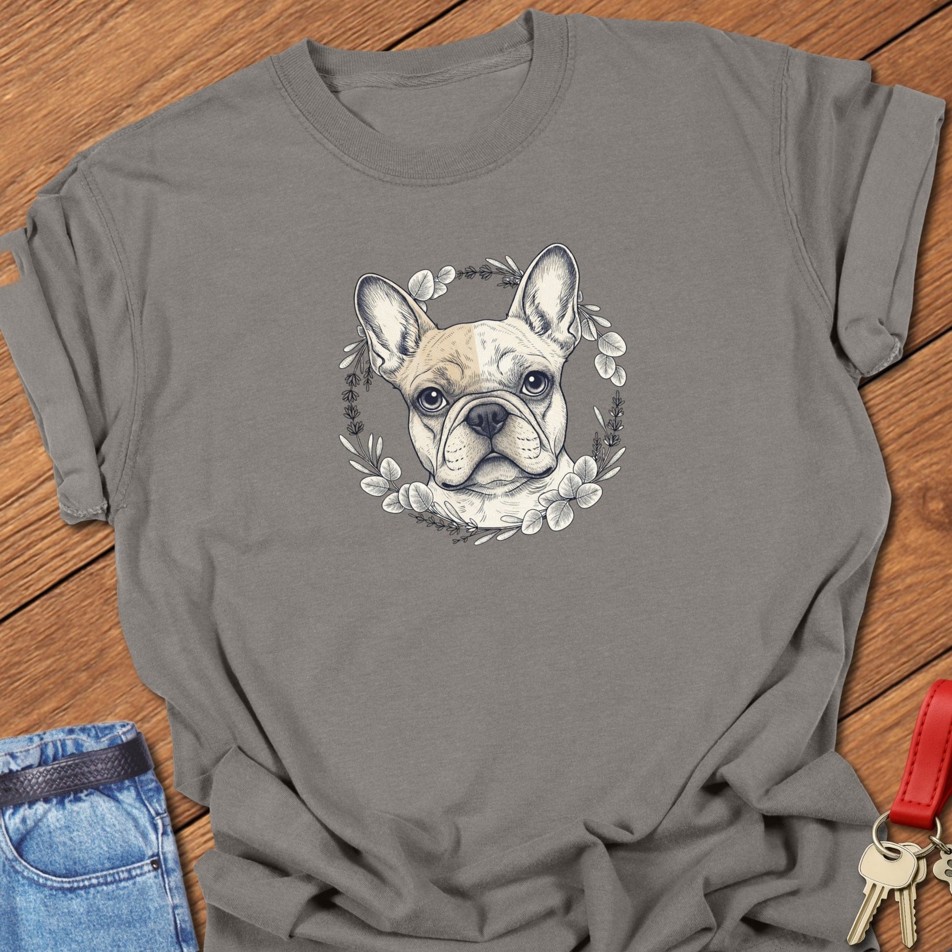 French bulldog floral wreath illustration printed on grey Comfort Colors t shirt.