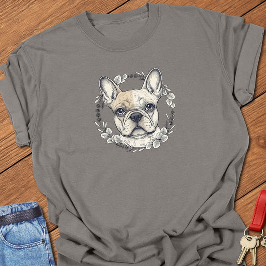 French bulldog floral wreath illustration printed on grey Comfort Colors t shirt.