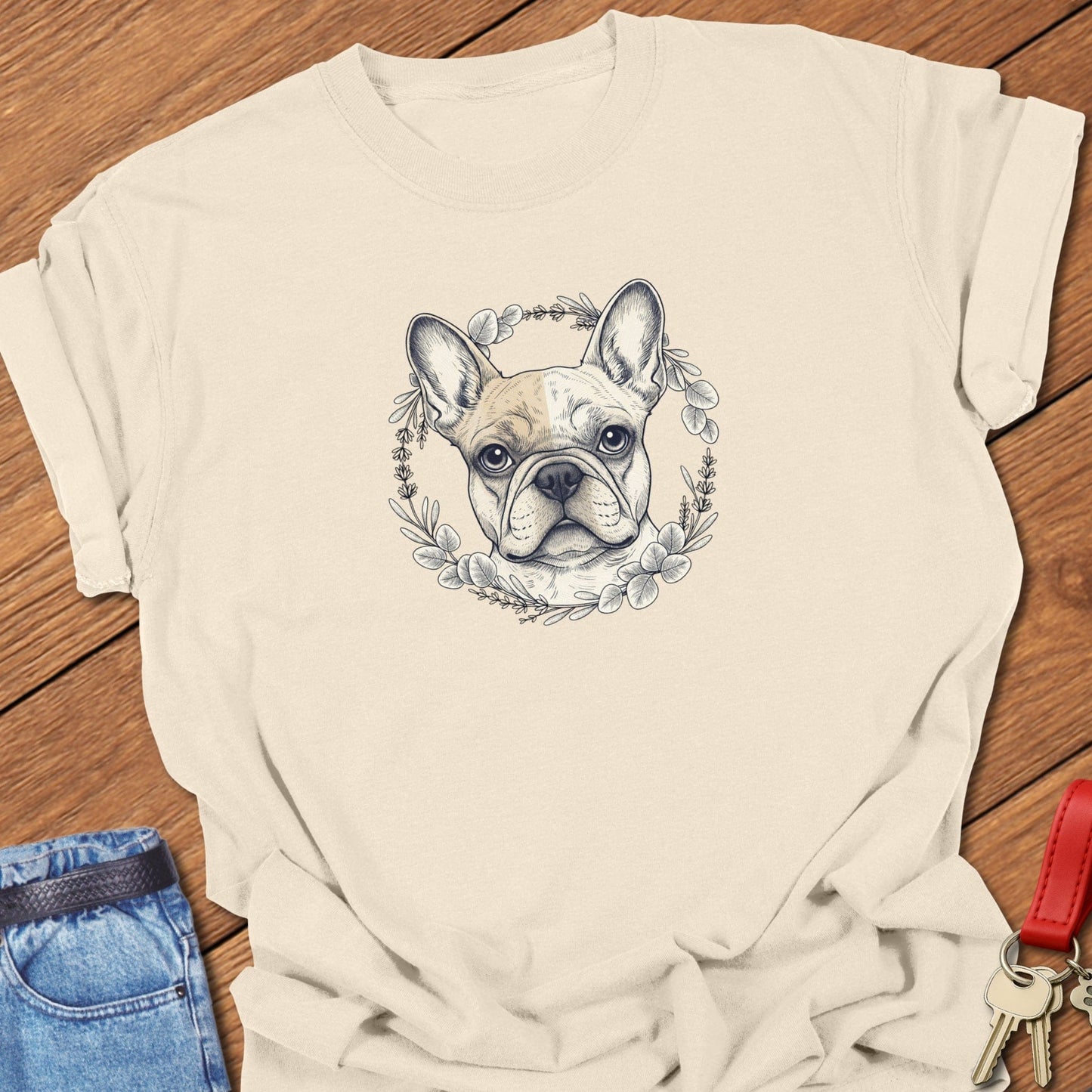French bulldog floral wreath illustration printed on ivory Comfort Colors t shirt.
