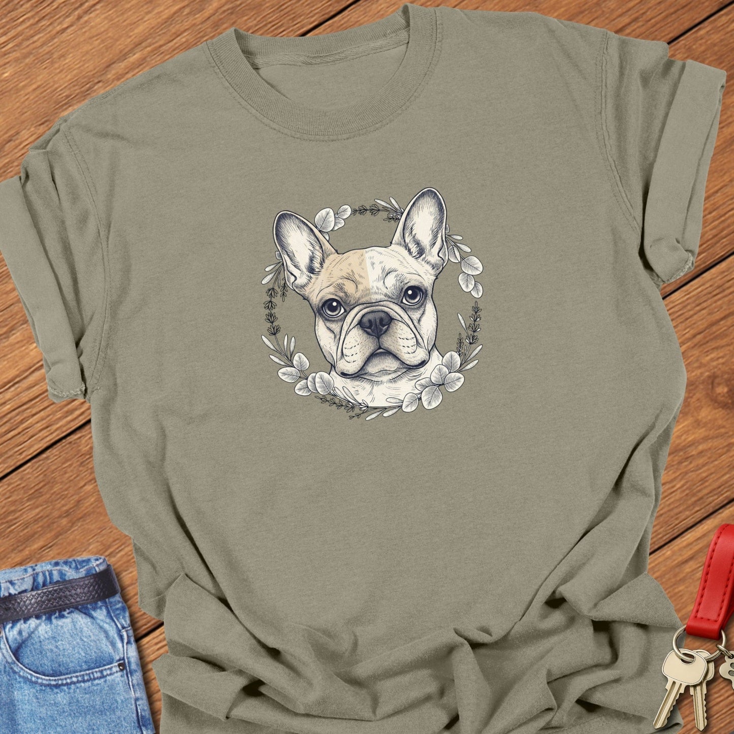 French bulldog floral wreath illustration printed on khaki Comfort Colors t shirt.