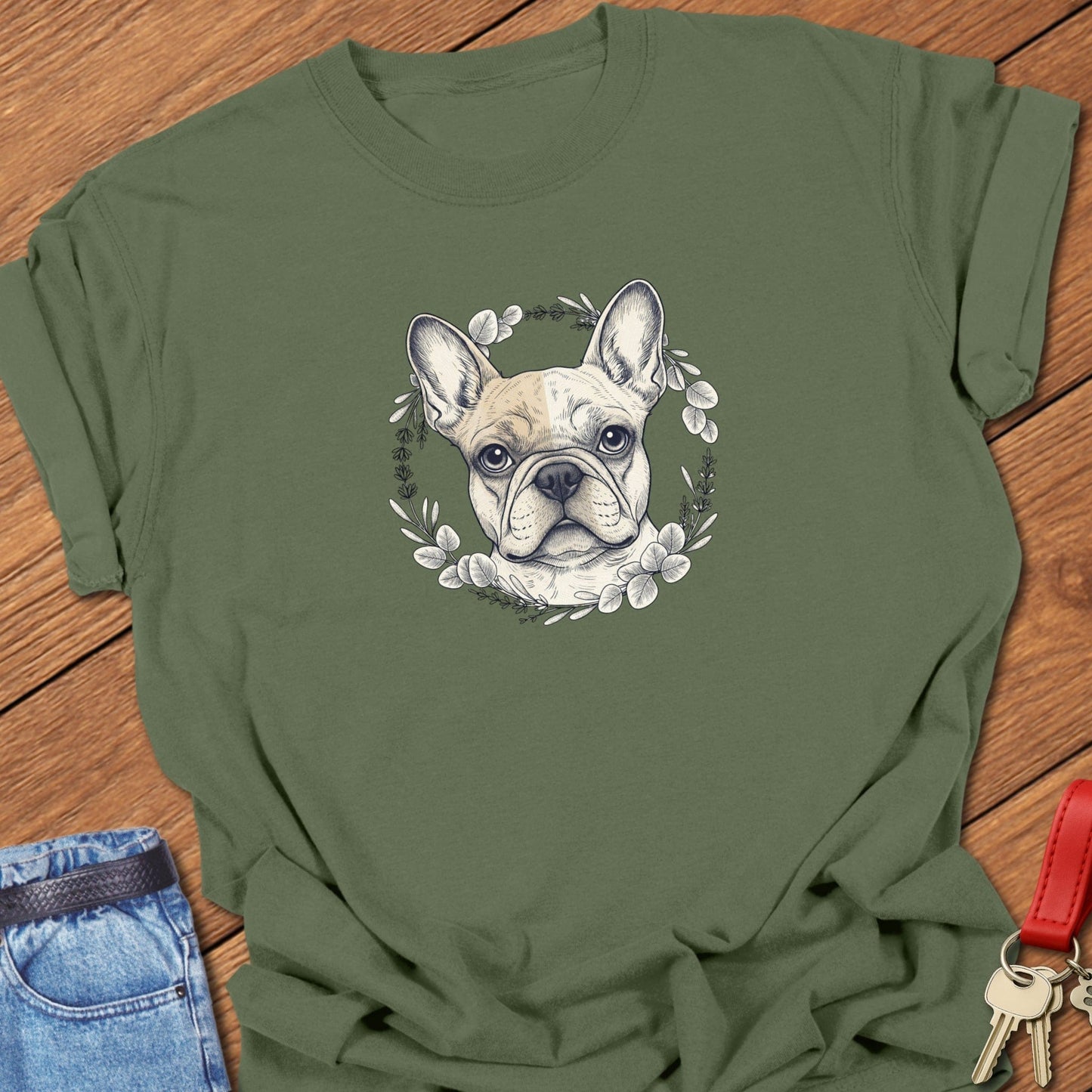 French bulldog floral wreath illustration printed on moss Comfort Colors t shirt.
