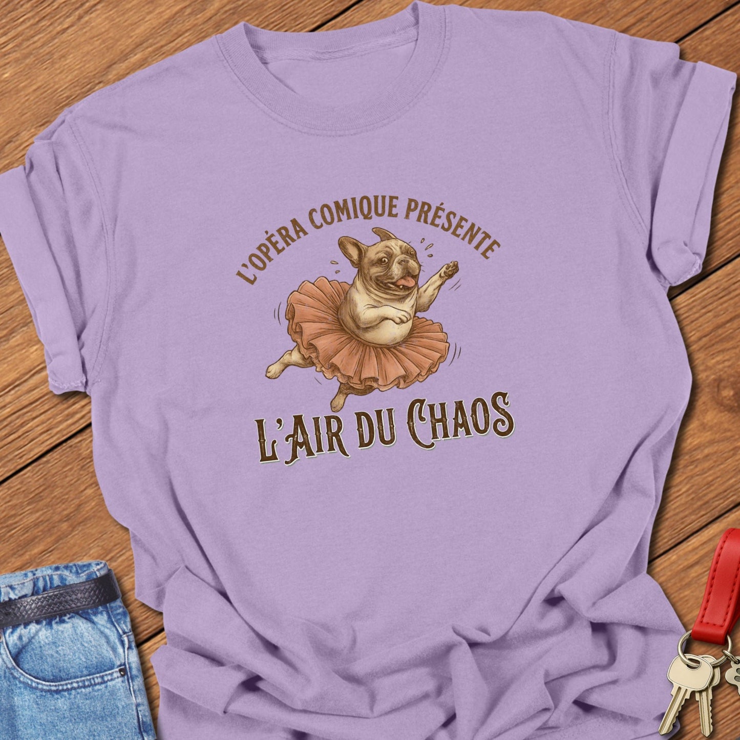 French bulldog ballerina opera parody illustration printed on orchid Comfort Colors t shirt