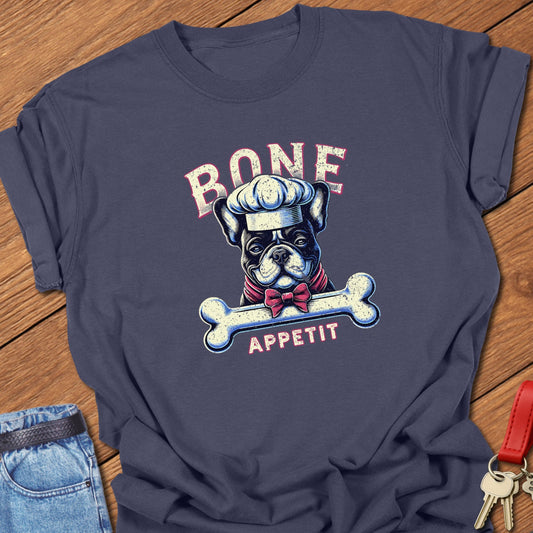 French bulldog chef with bone “Bone Appetit” design printed on navy Comfort Colors t shirt