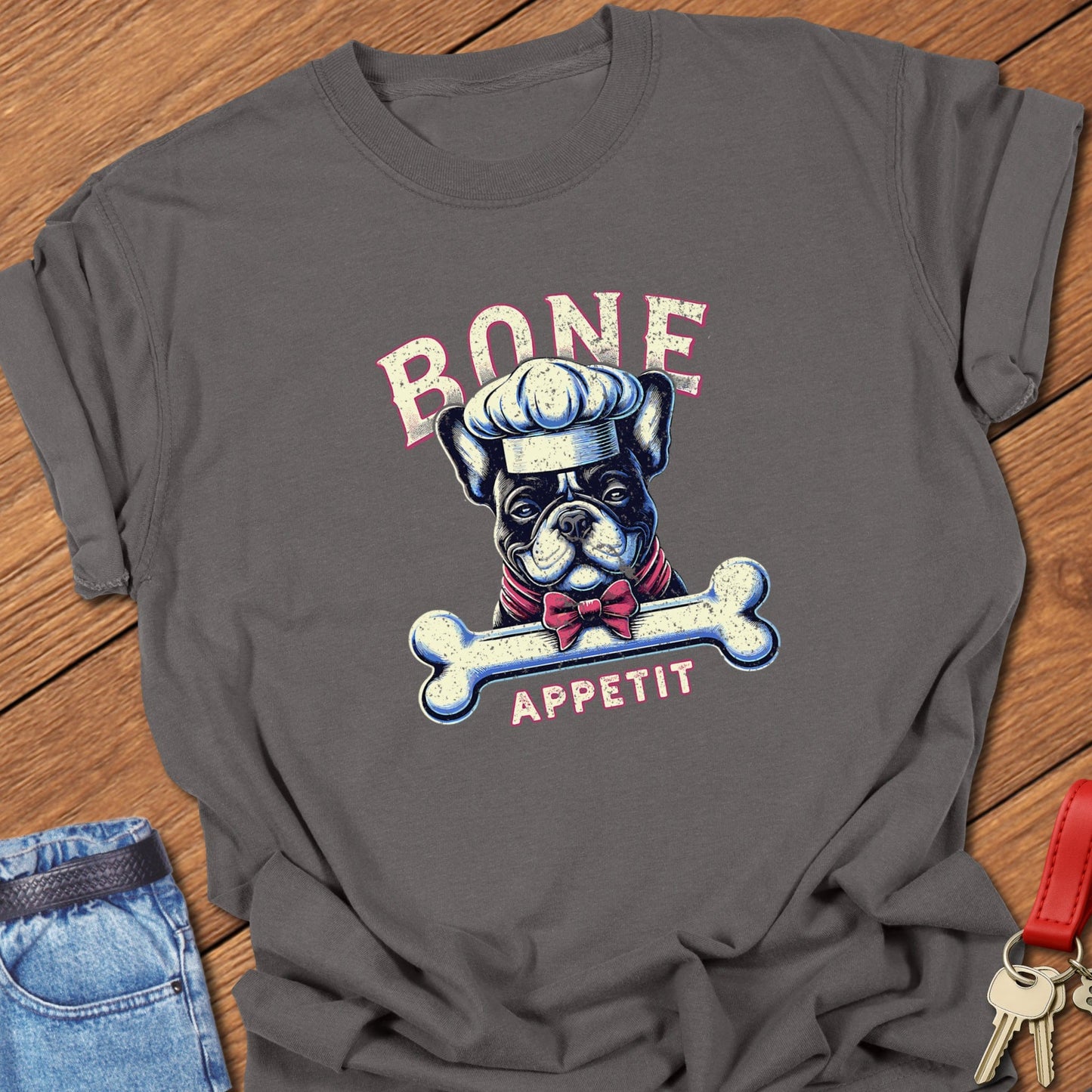 French bulldog chef with bone “Bone Appetit” design printed on pepper Comfort Colors t shirt