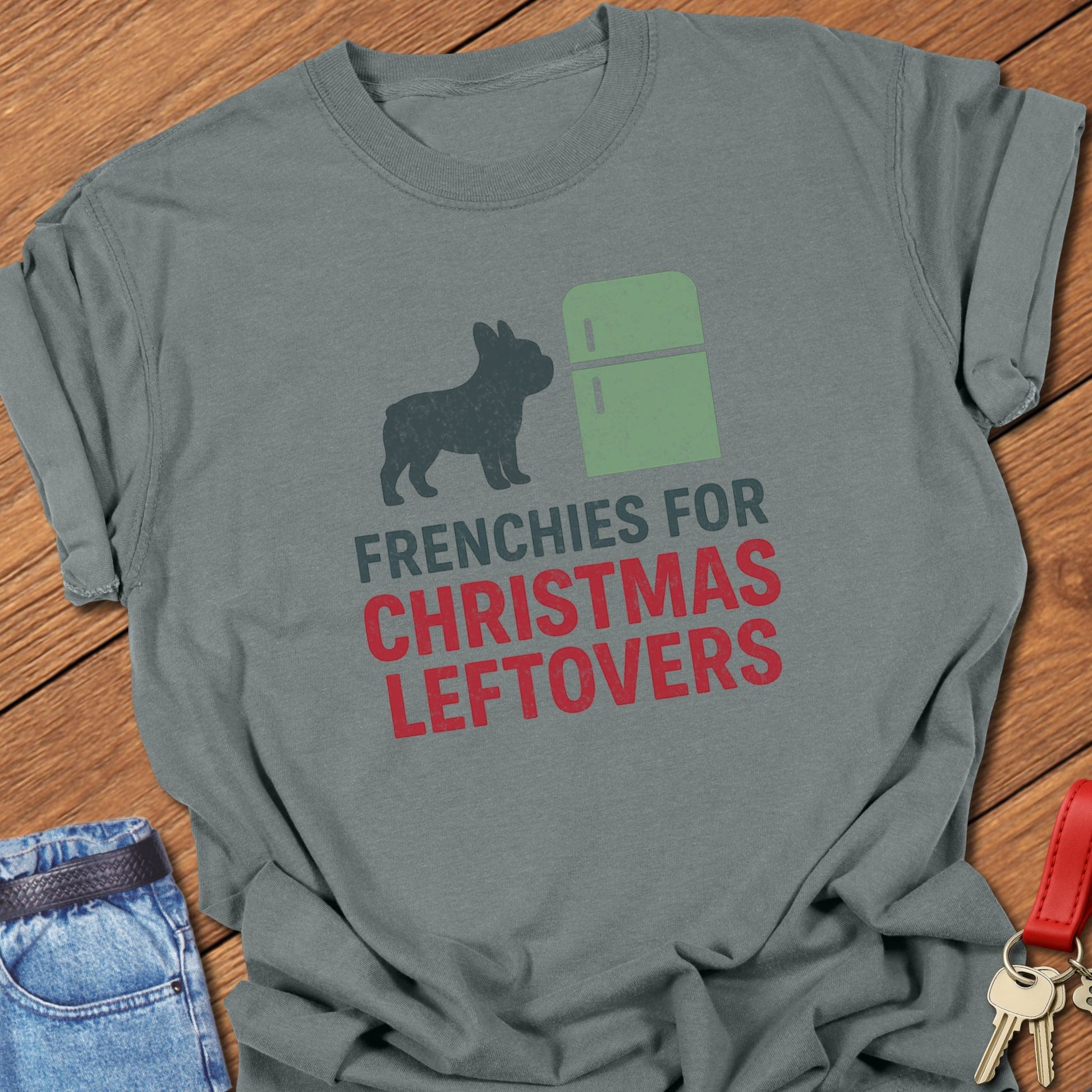 French bulldog humorous Christmas leftovers illustration with fridge graphic and festive typography printed on granite Comfort Colors t shirt