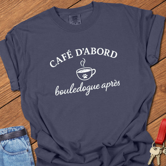 French bulldog coffee quote typography printed on navy Comfort Colors t shirt