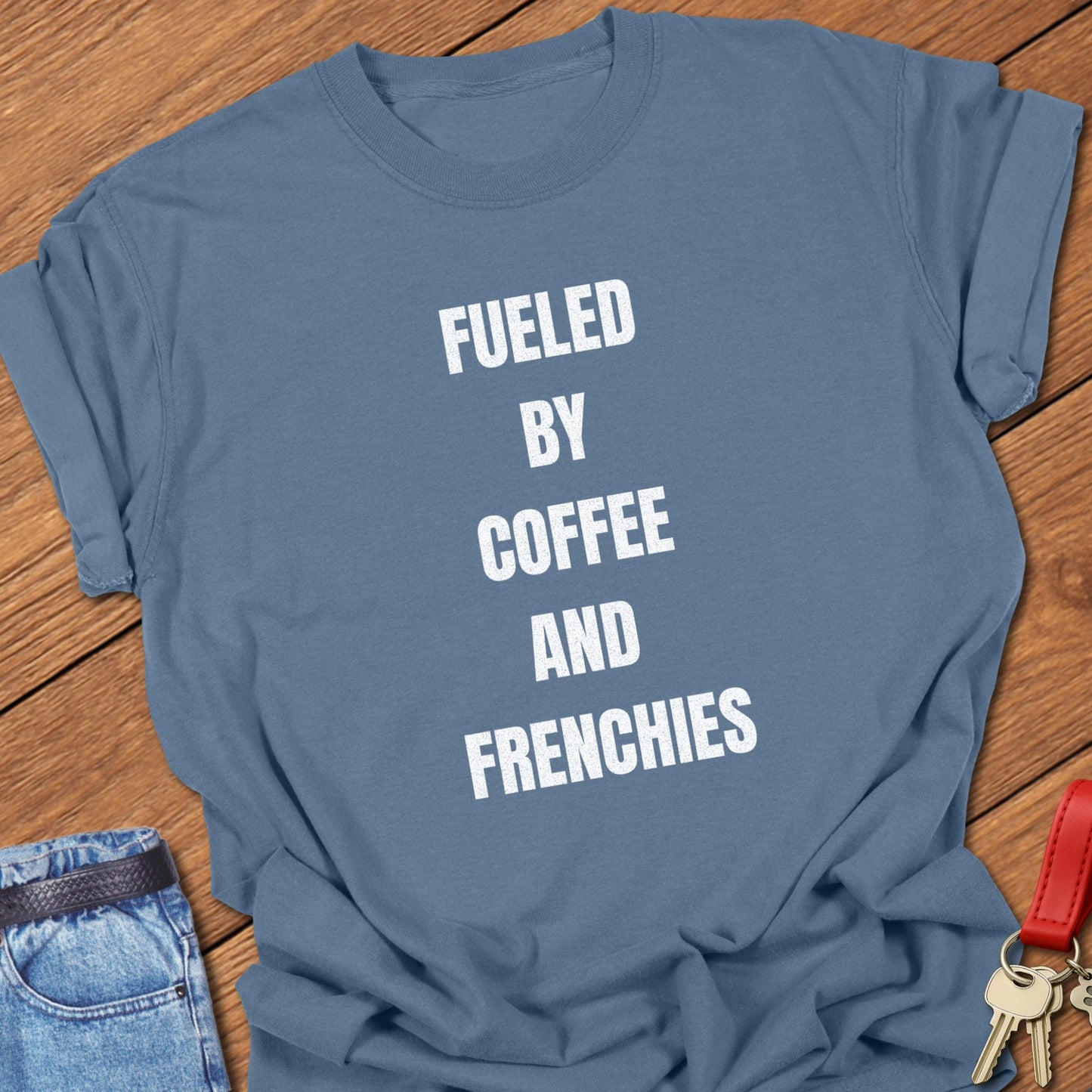 French bulldog typography design printed on blue jean Comfort Colors t shirt