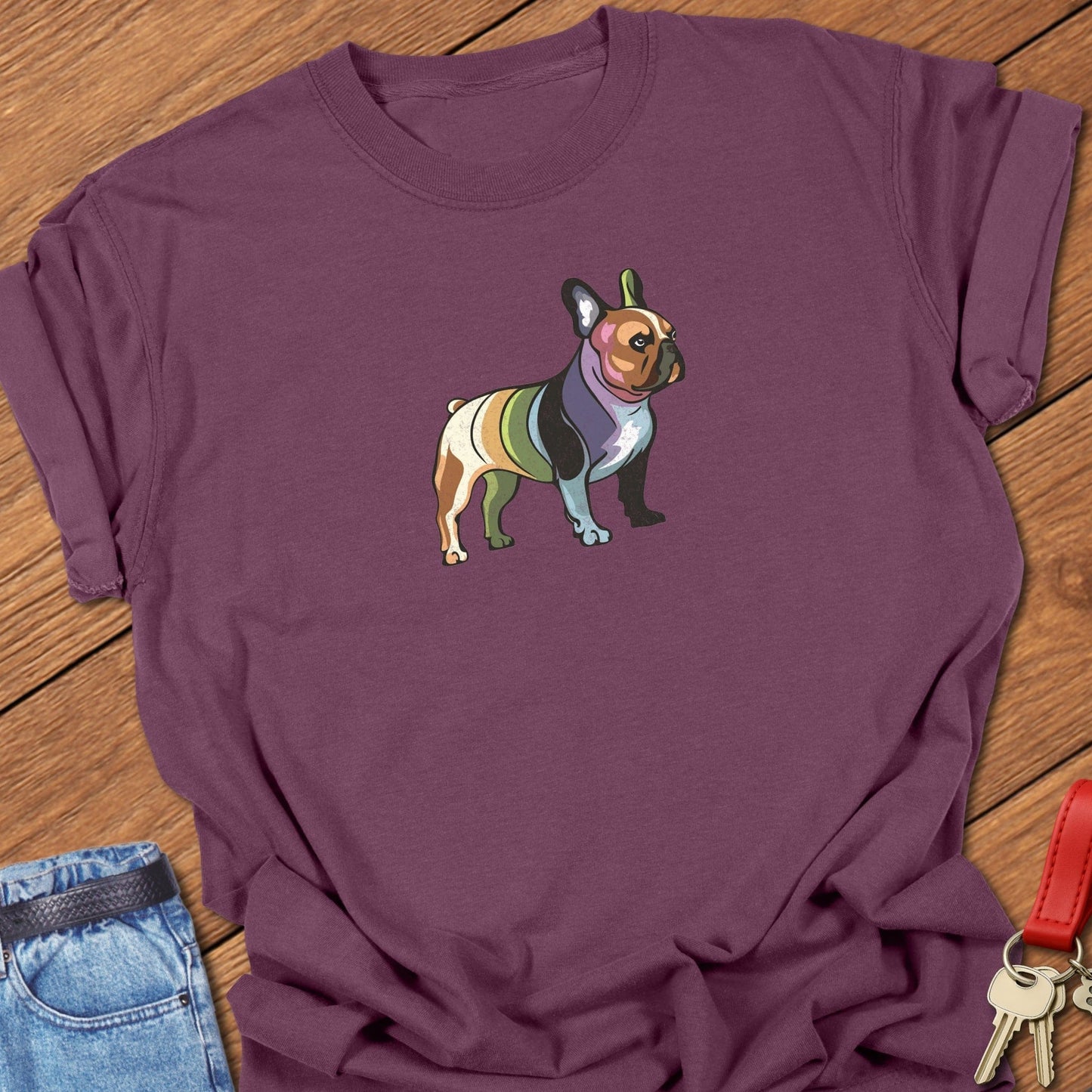 French bulldog multicolor patchwork illustration graphic printed on berry Comfort Colors t shirt.