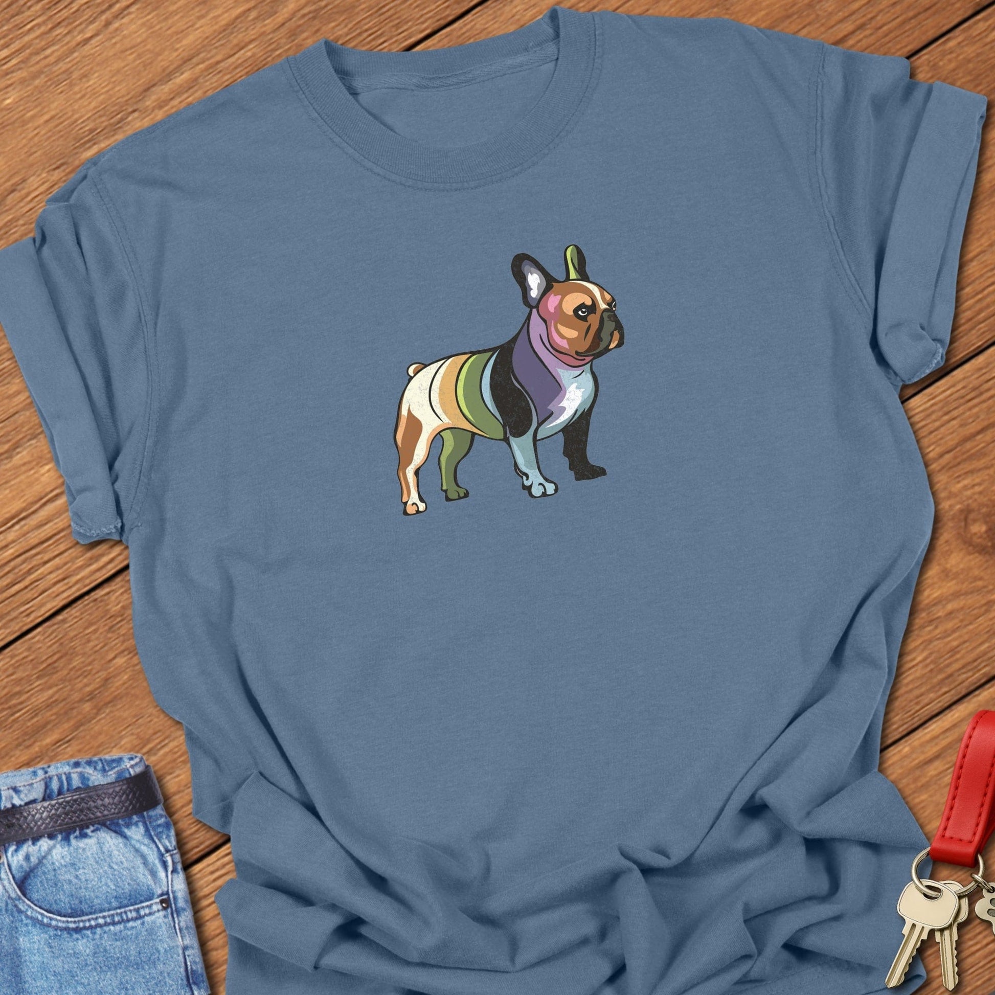 French bulldog multicolor patchwork illustration graphic printed on blue jean Comfort Colors t shirt.