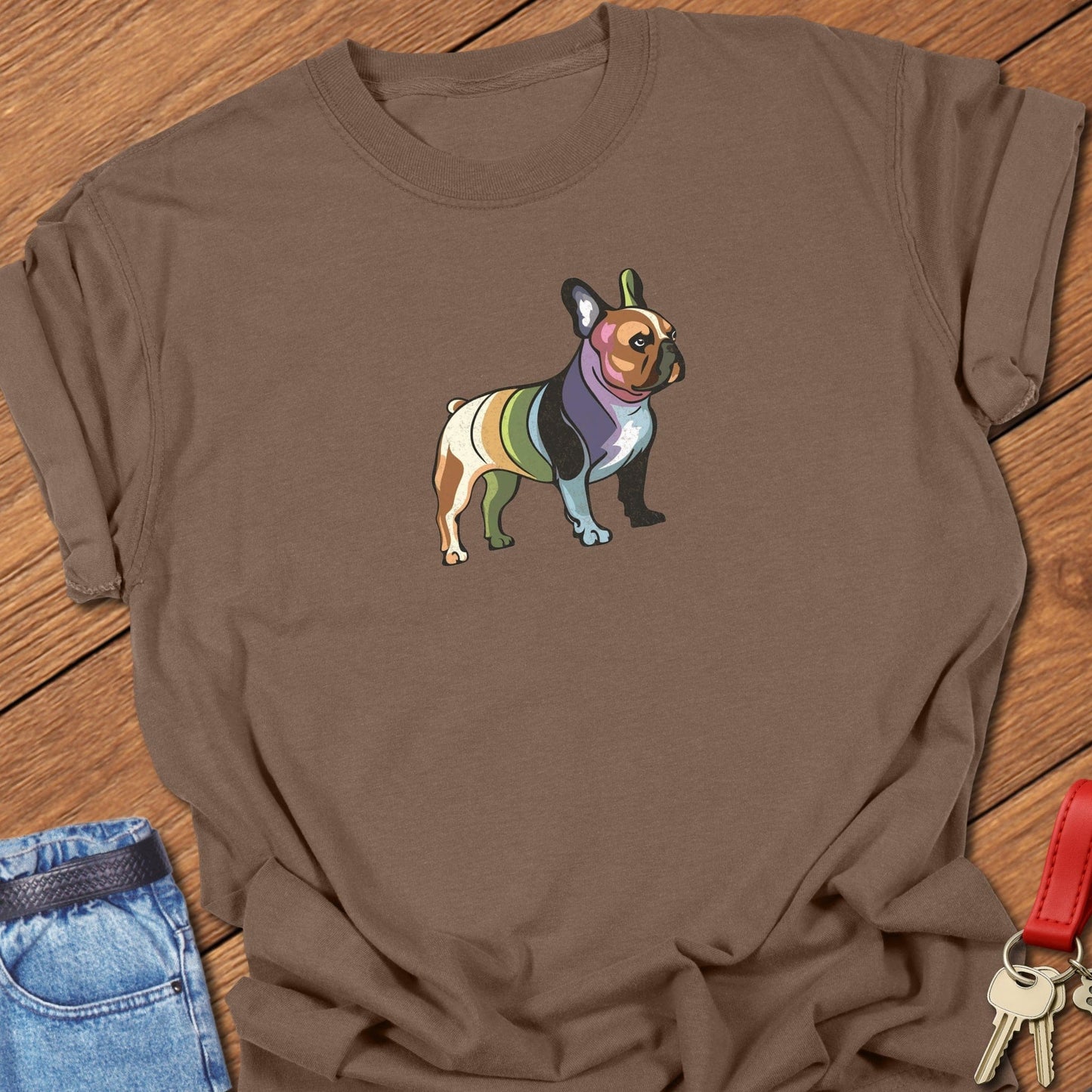 French bulldog multicolor patchwork illustration graphic printed on espresso Comfort Colors t shirt.