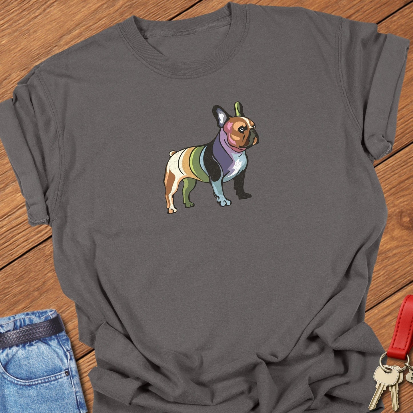 French bulldog multicolor patchwork illustration graphic printed on pepper Comfort Colors t shirt.