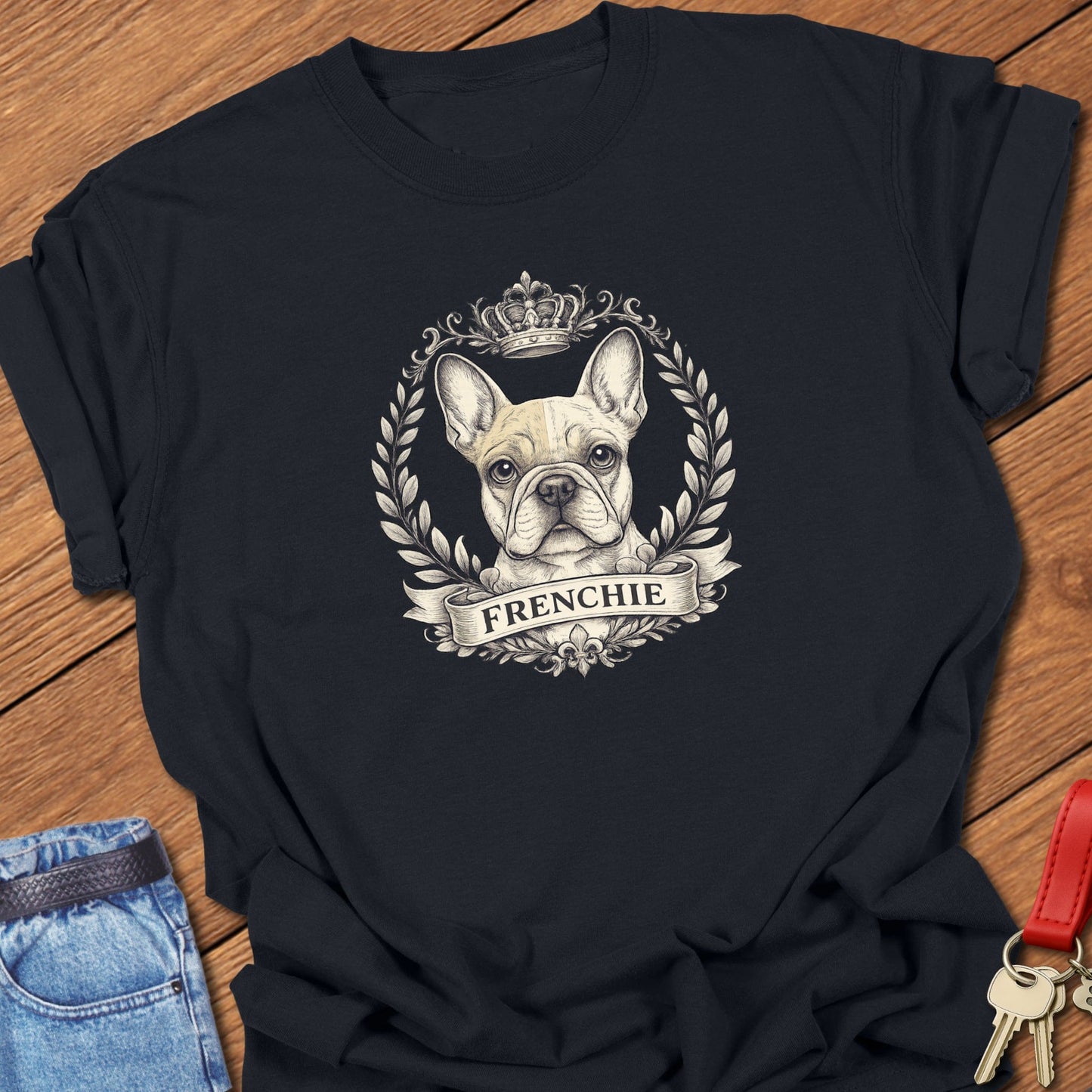 French bulldog vintage laurel crest illustration printed on black Comfort Colors t shirt.