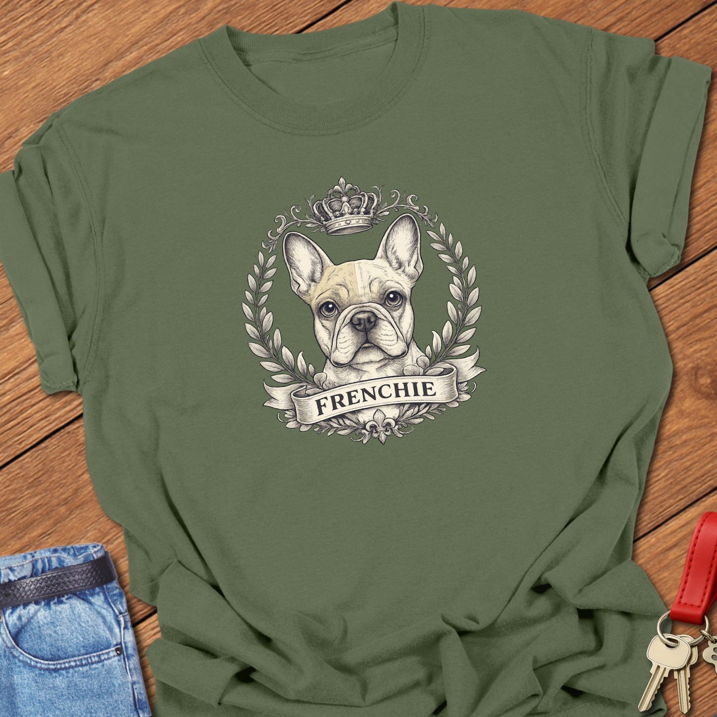French bulldog vintage laurel crest illustration printed on moss Comfort Colors t shirt.