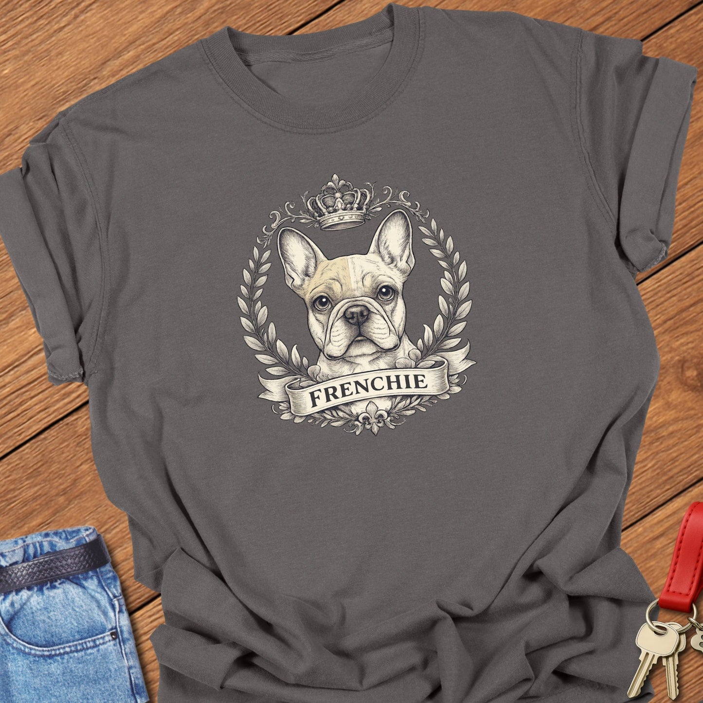 French bulldog vintage laurel crest illustration printed on pepper Comfort Colors t shirt.