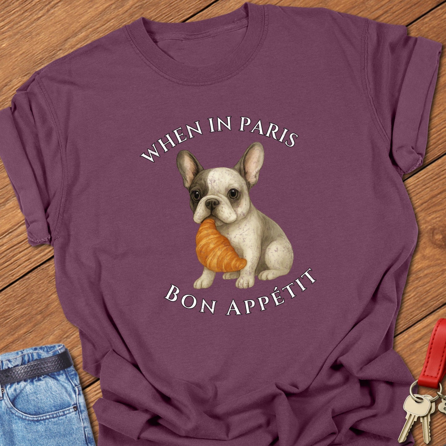 French bulldog croissant illustration printed on berry Comfort Colors t shirt