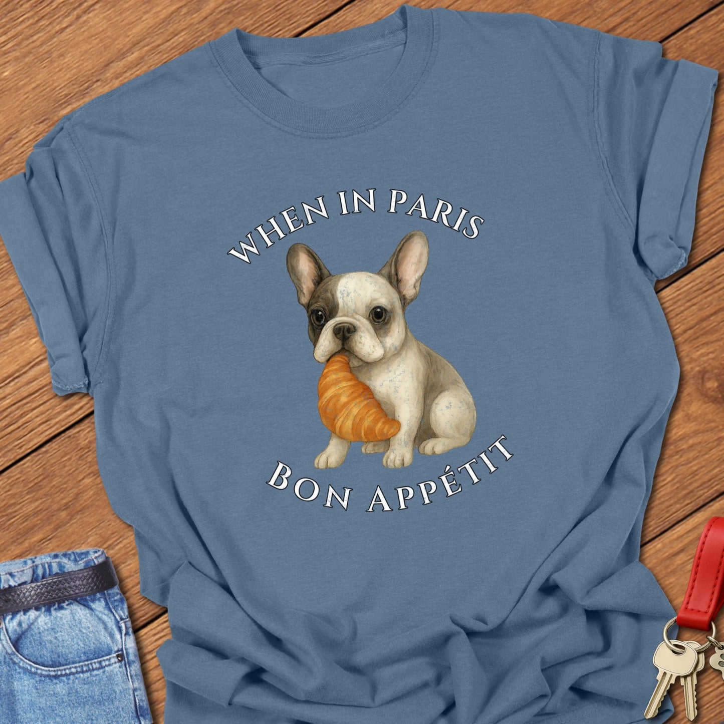 French bulldog croissant illustration printed on blue jean Comfort Colors t shirt