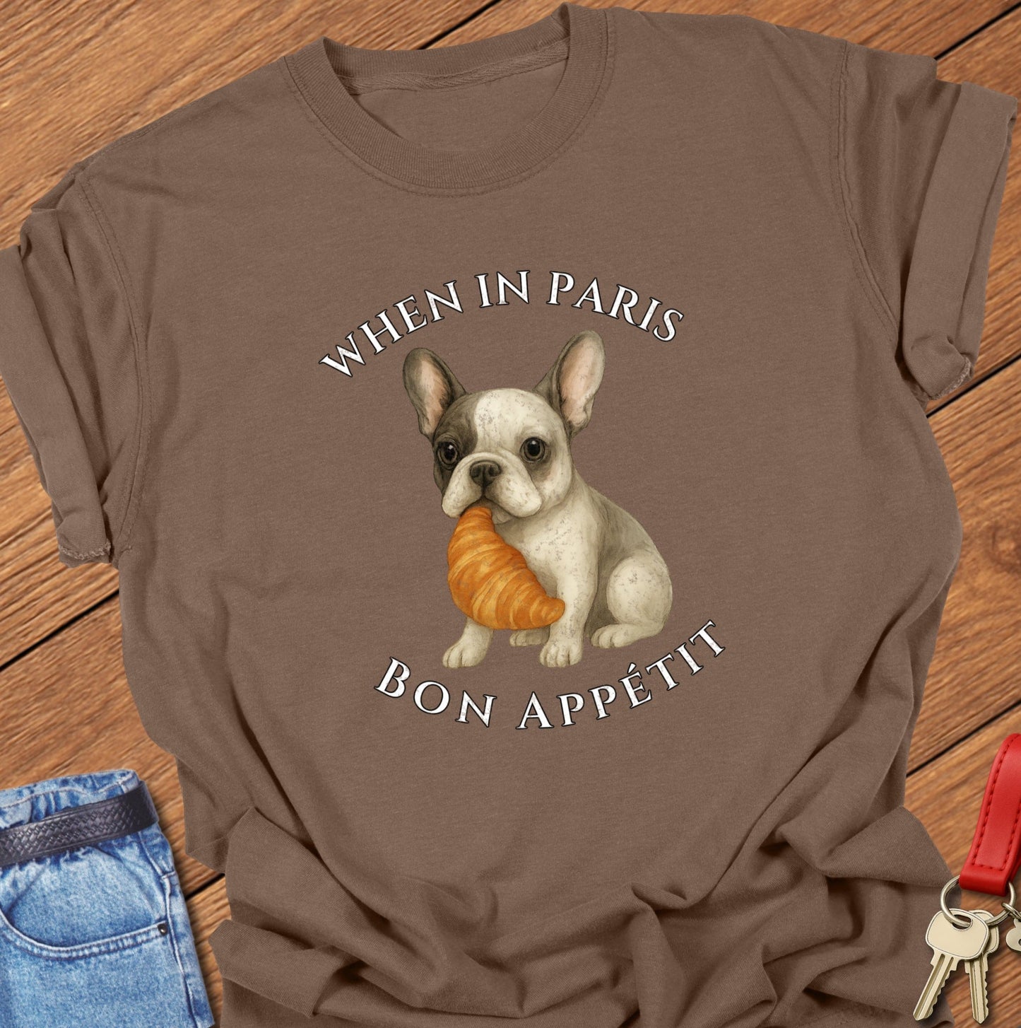 French bulldog croissant illustration printed on espresso Comfort Colors t shirt