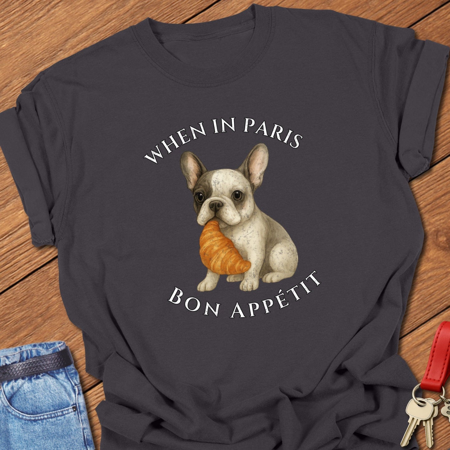 French bulldog croissant illustration printed on pepper Comfort Colors t shirt