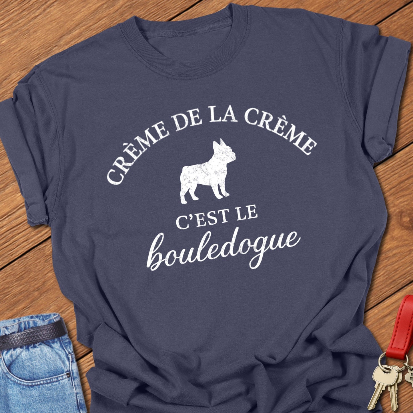 French bulldog French quote typography printed on navy Comfort Colors t shirt