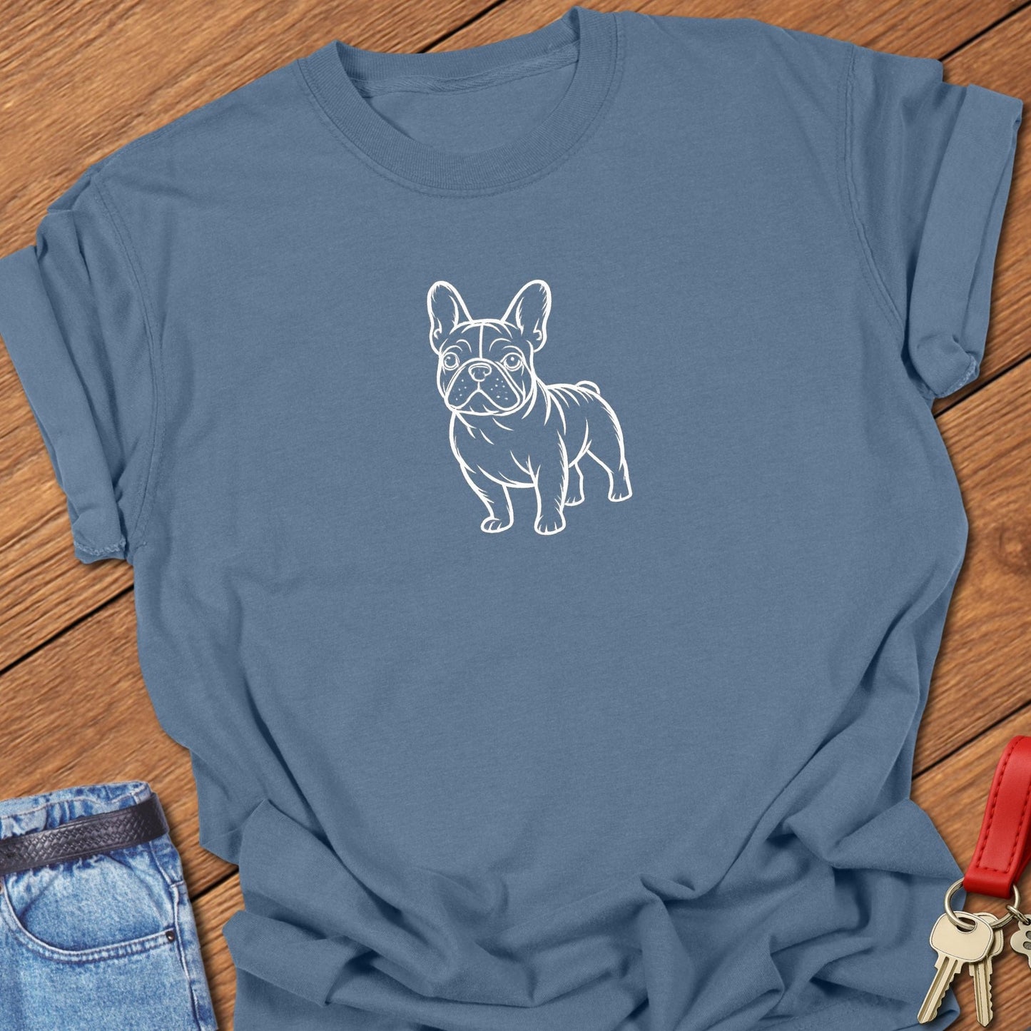French bulldog line art standing graphic printed on blue jean Comfort Colors t shirt.