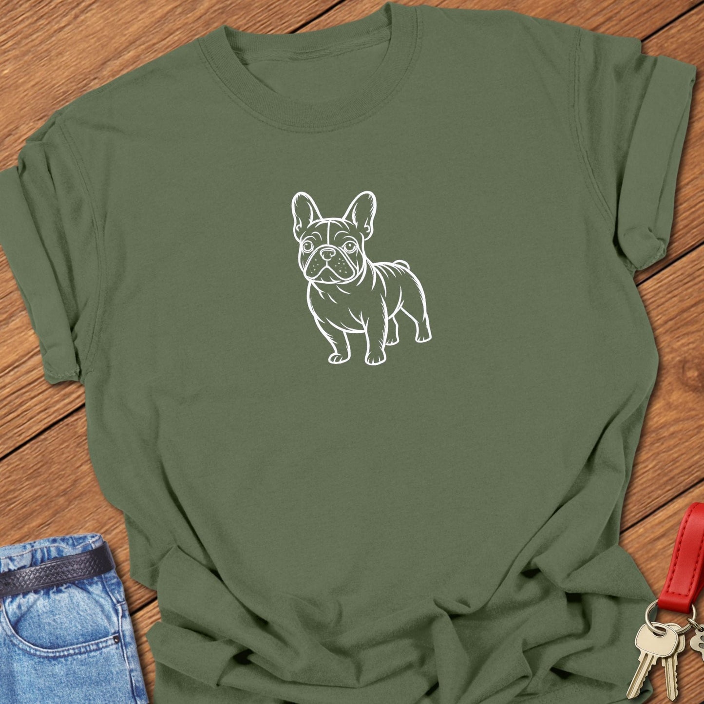 French bulldog line art standing graphic printed on moss Comfort Colors t shirt.