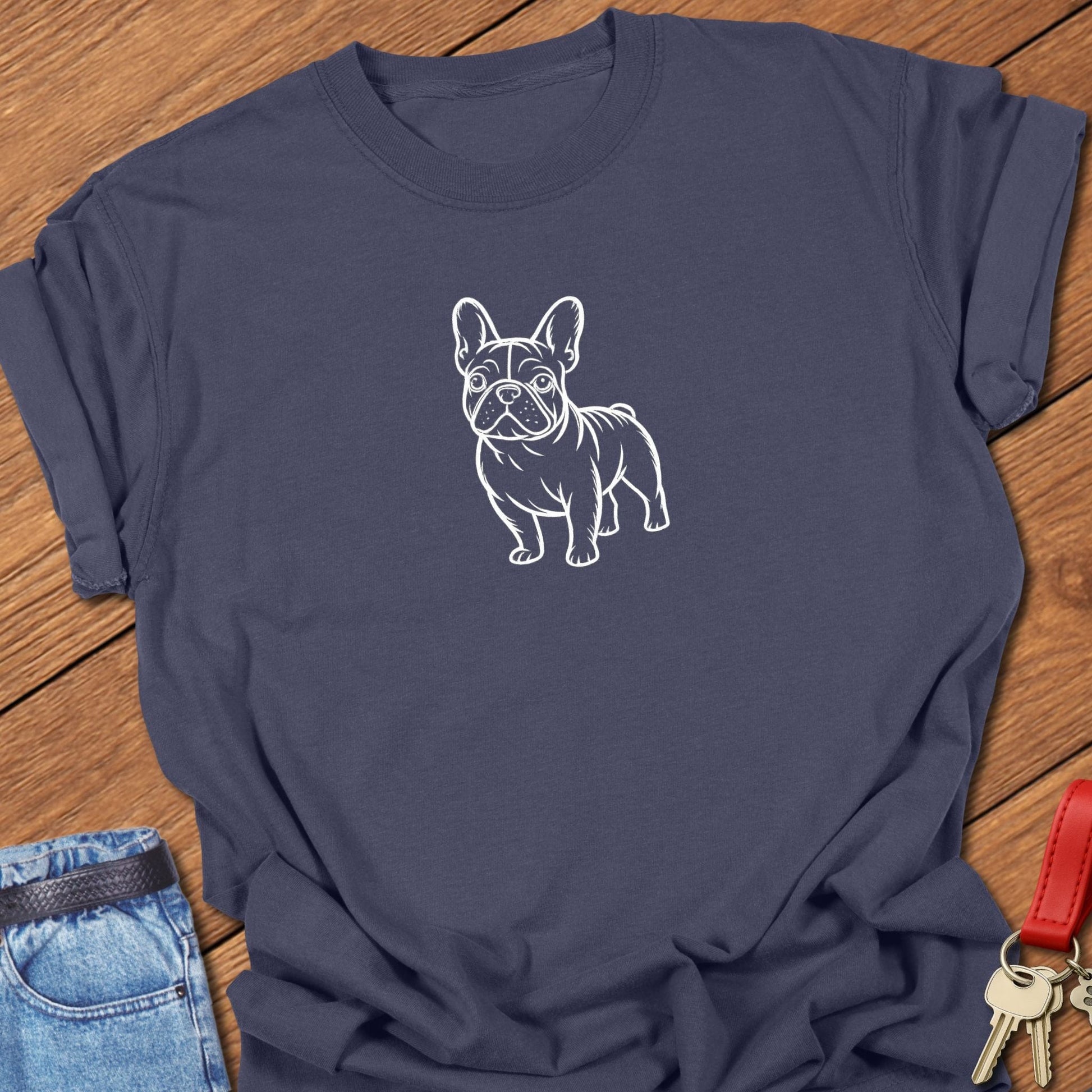 French bulldog line art standing graphic printed on navy Comfort Colors t shirt.