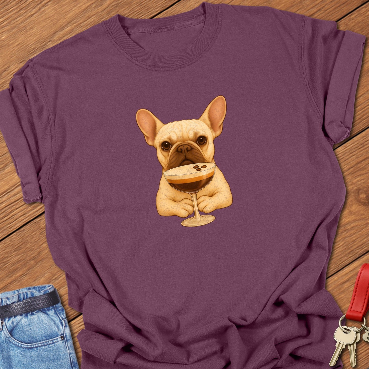 French bulldog espresso martini illustration with cocktail glass graphic printed on berry Comfort Colors t shirt