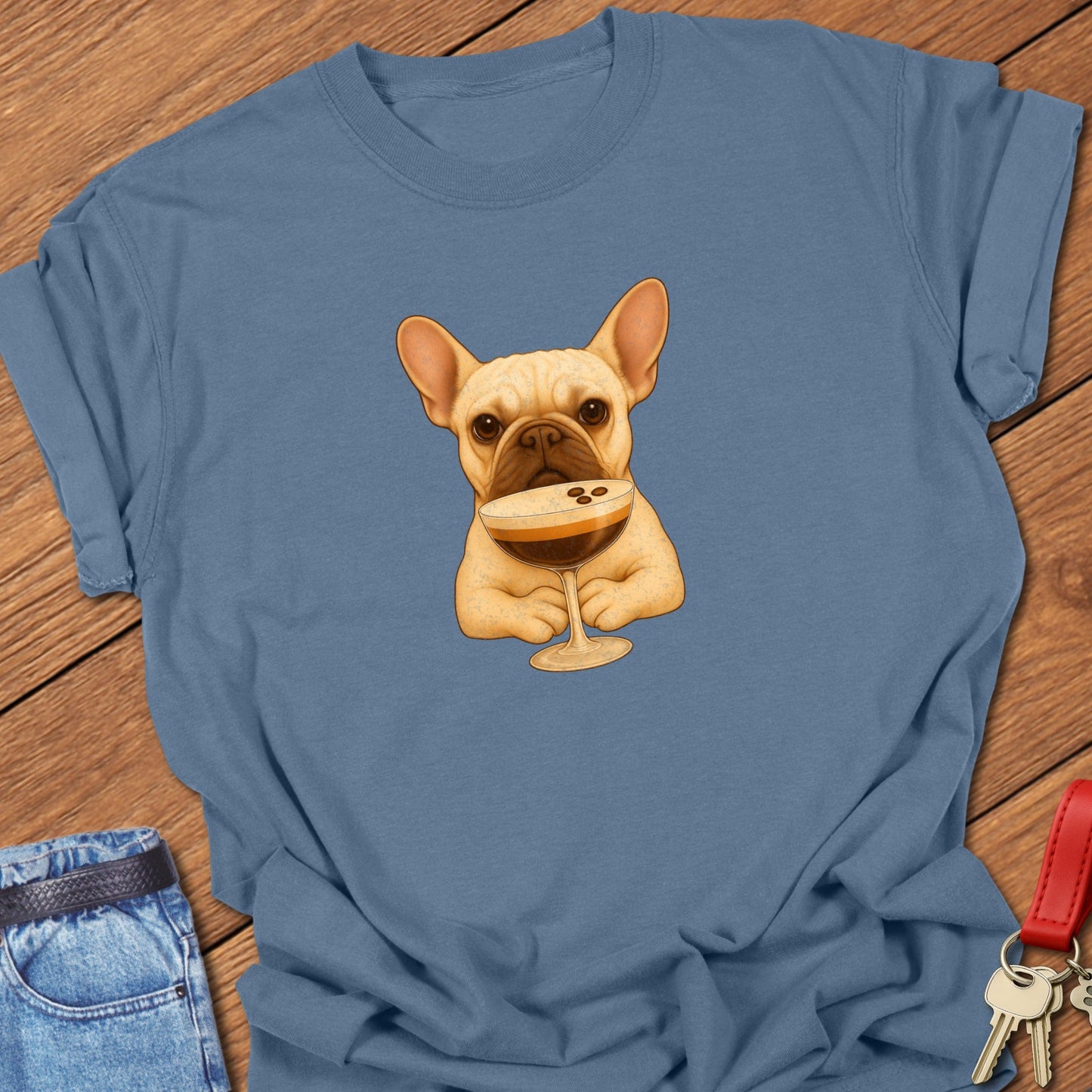 French bulldog espresso martini illustration with cocktail glass graphic printed on blue jean Comfort Colors t shirt