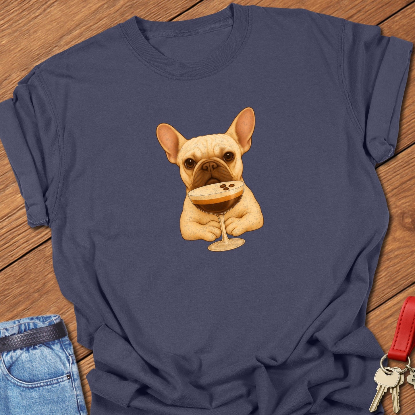 French bulldog espresso martini illustration with cocktail glass graphic printed on navy Comfort Colors t shirt