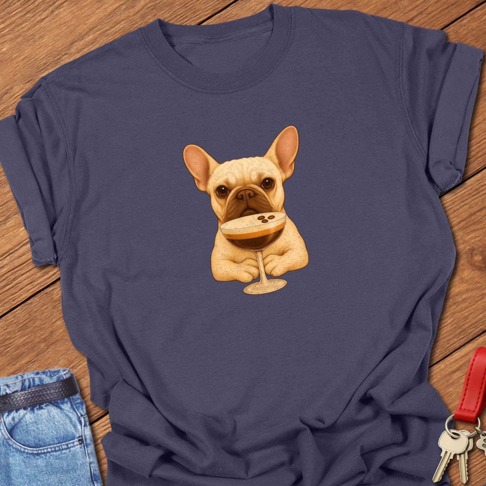 French bulldog espresso martini illustration with cocktail glass graphic printed on navy Comfort Colors t shirt