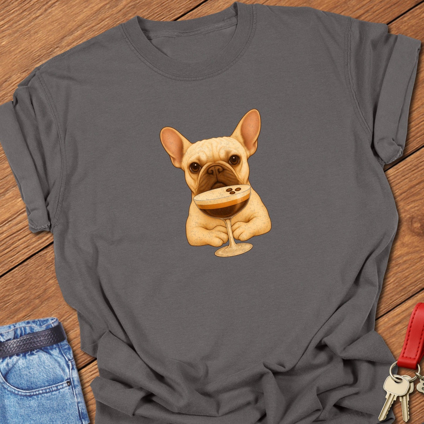 French bulldog espresso martini illustration with cocktail glass graphic printed on pepper Comfort Colors t shirt