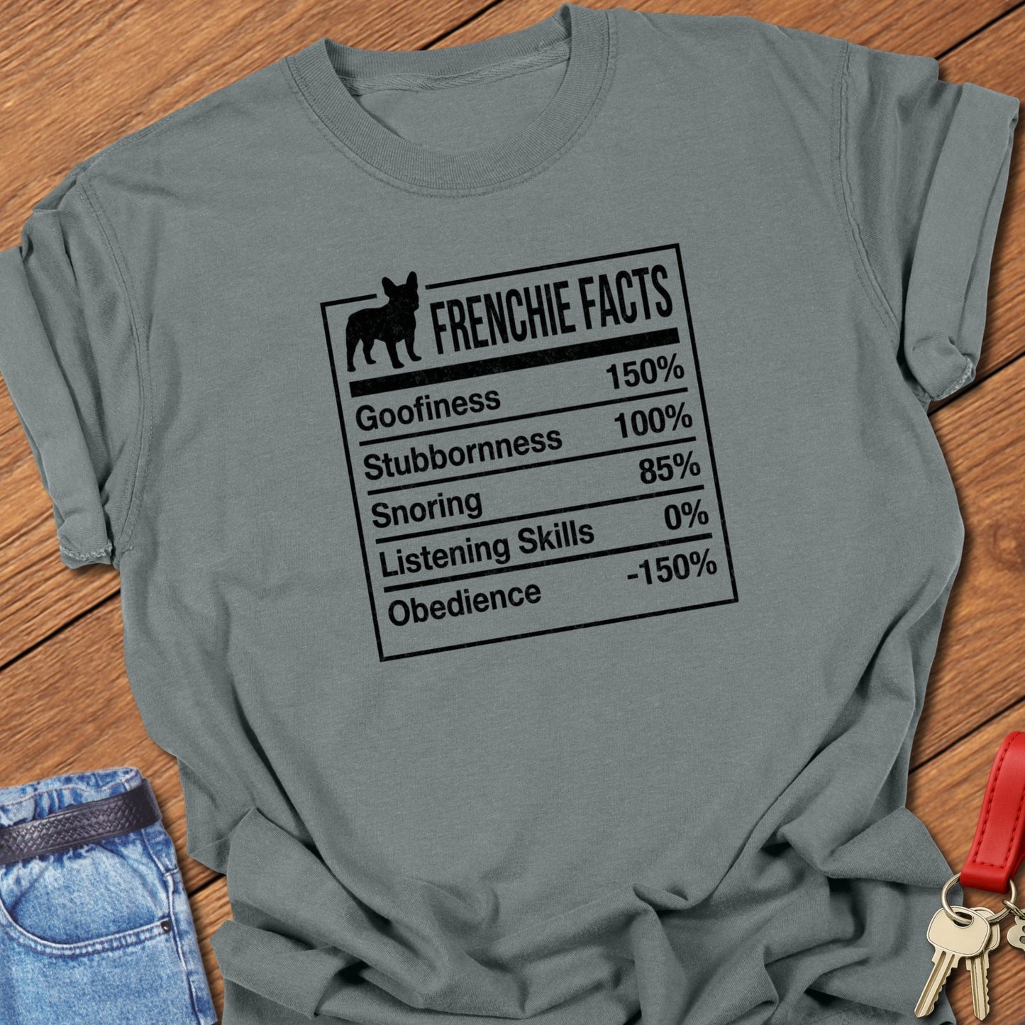 French bulldog “Frenchie Facts” humorous typography chart graphic printed on granite Comfort Colors t-shirt